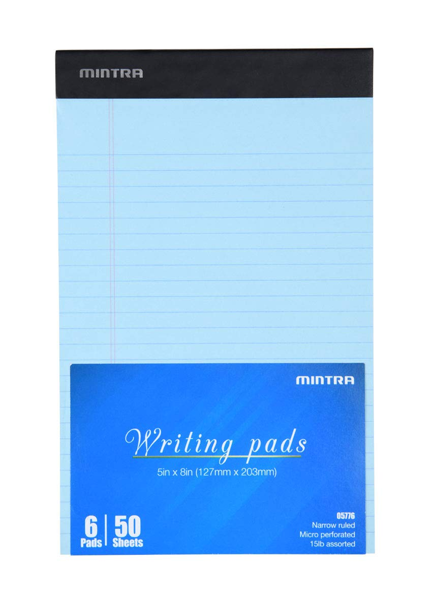 Mintra Office Legal Pads - ((Basic Pastel 6Pk, 5In X 8In, Narrow Ruled)) - 50 Sheets per Notepad, Micro Perforated Writing Pad, Notebook Paper for School, College, Office, Professional image number 1