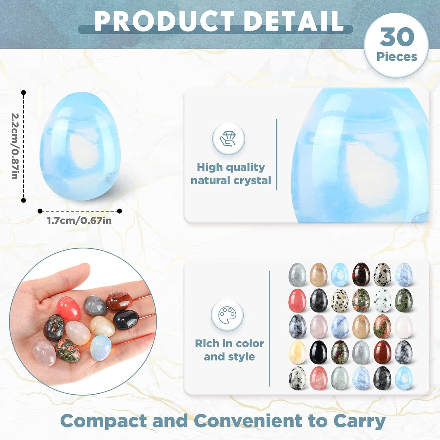 30 Pieces Worry Stones Egg Rock Crystal Gemstone Polished Mineral Rock Egg Stones Pocket Palm Chakra Crystal for Anxiety Relief Meditation Reiki Balancing Easter Decor(Classic Color) image number 1