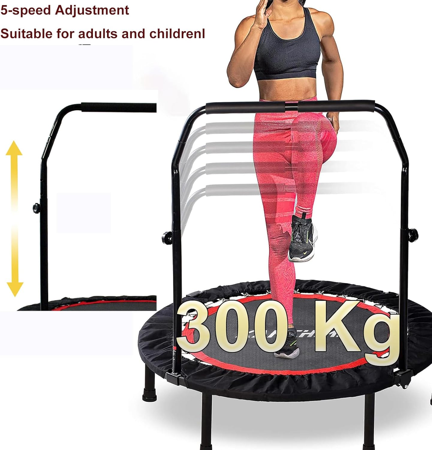 48" Rebounder Trampoline Foldable Fitness Indoor Exercise Workout Rebounder Trampoline with 5 Level Adjustable Heights Foam Handrail, Max Load 300KG