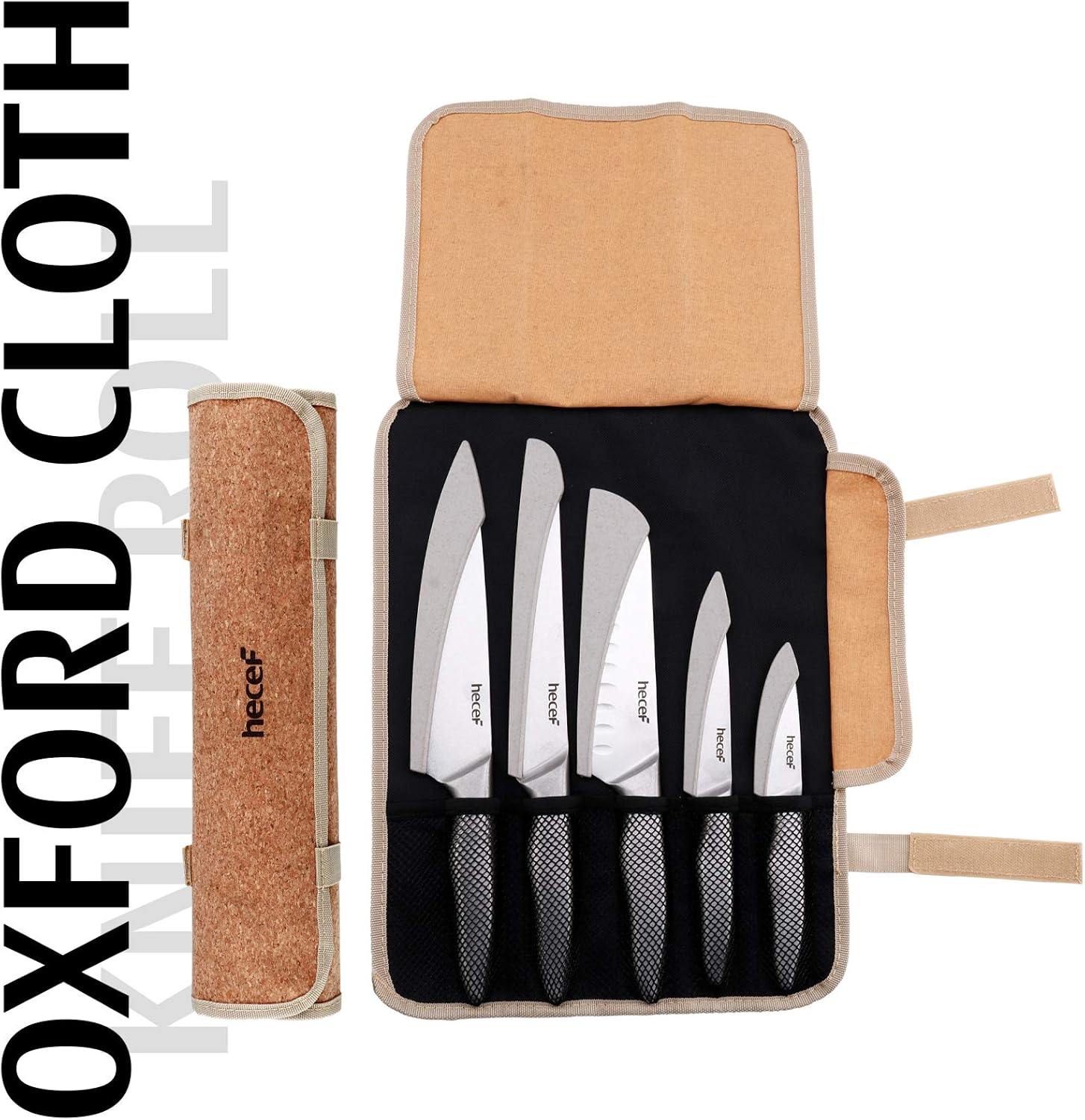 Hecef Vintage Style Kitchen Knife Sets,Scratch Resistant Camping Matte Knives with 5 Slots Recycled Oxford Cloth Knife Roll Bag & Covers,Stonewashed High Carbon Stainless Steel Blades & Hollow Handle image number 4