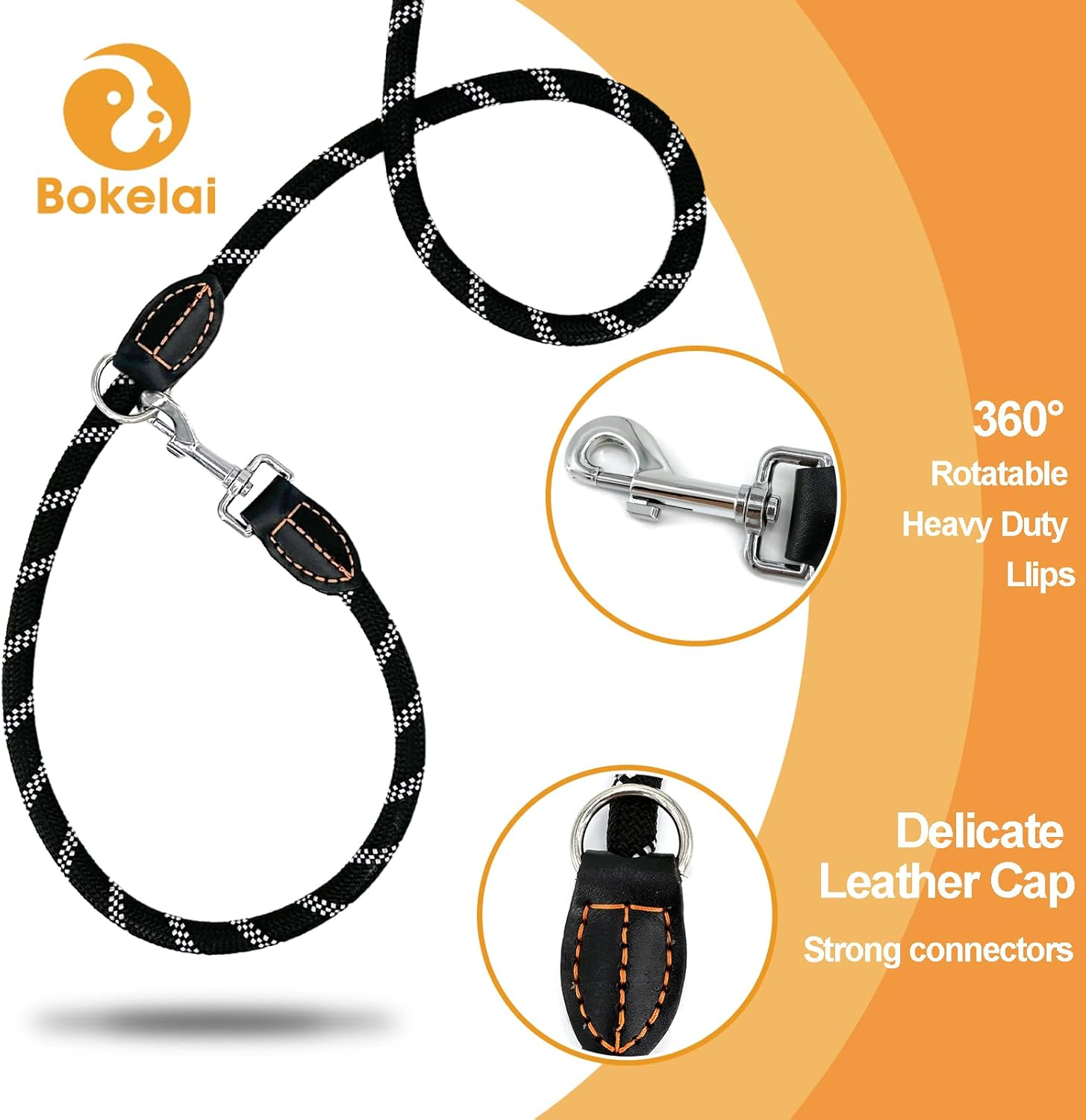 Bokelai Double Ended Lead for Dogs Adjustable Reflective 3M Training Lead for Large Medium Dogs Walking & Running Hands Free Rope Lead Black image number 4