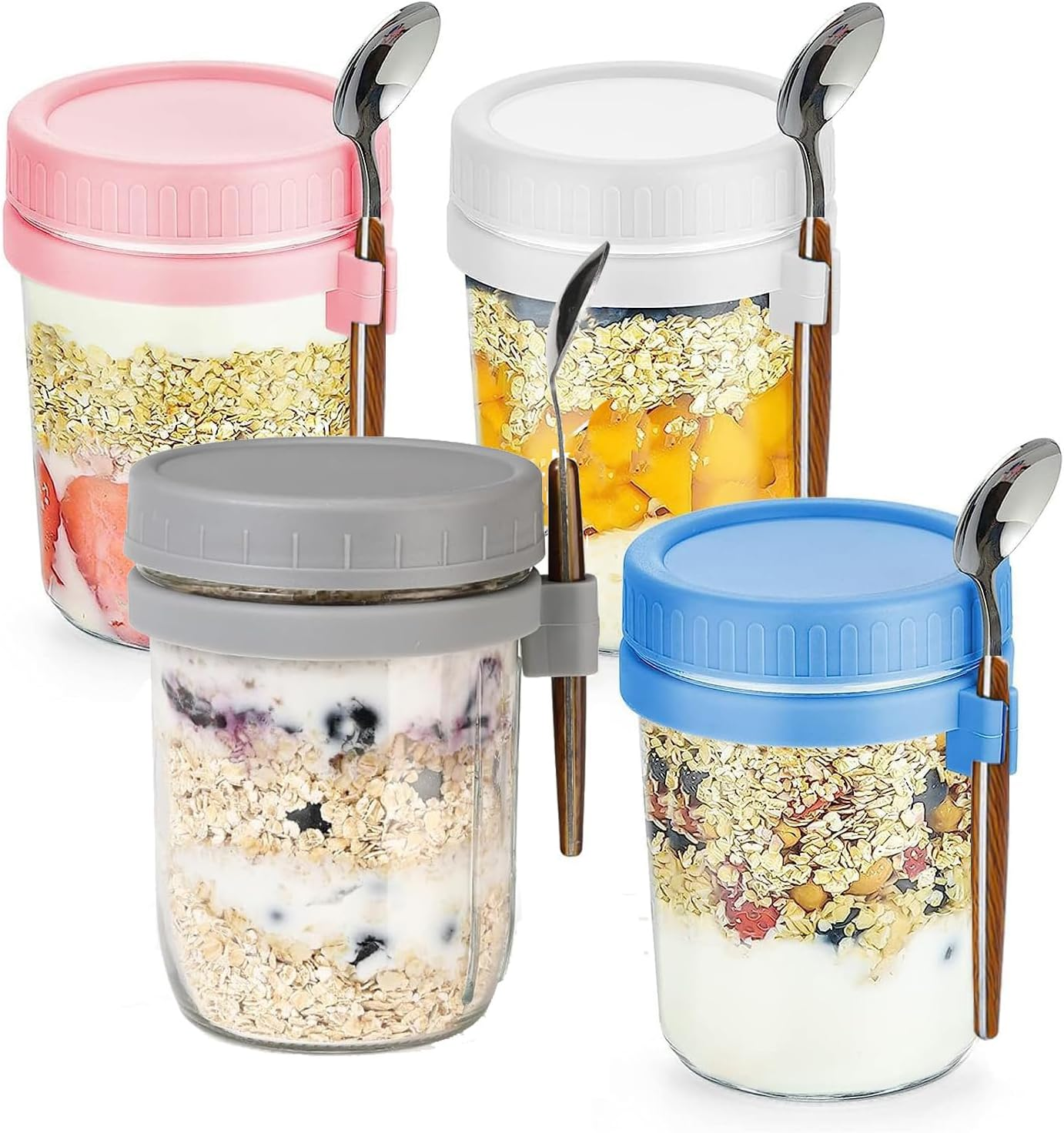 4 Pack Overnight Oats Containers with Lids and Spoons 16 Oz Glass Mason Jars for Overnight Oats Leak Proof Oatmeal Container Great for Cereal Fruit Vegetable Milk Salad Yogurt Meal Prep image number 4