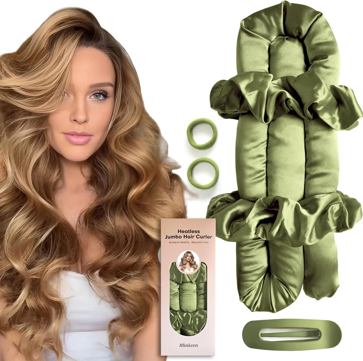 BLINKEEN Jumbo Heatless Hair Curler Set-Satin Heatless Curls Overnight, Jumbo Curling Rod Headband, No Heat Curlers to Sleep in (Brown) image number 2