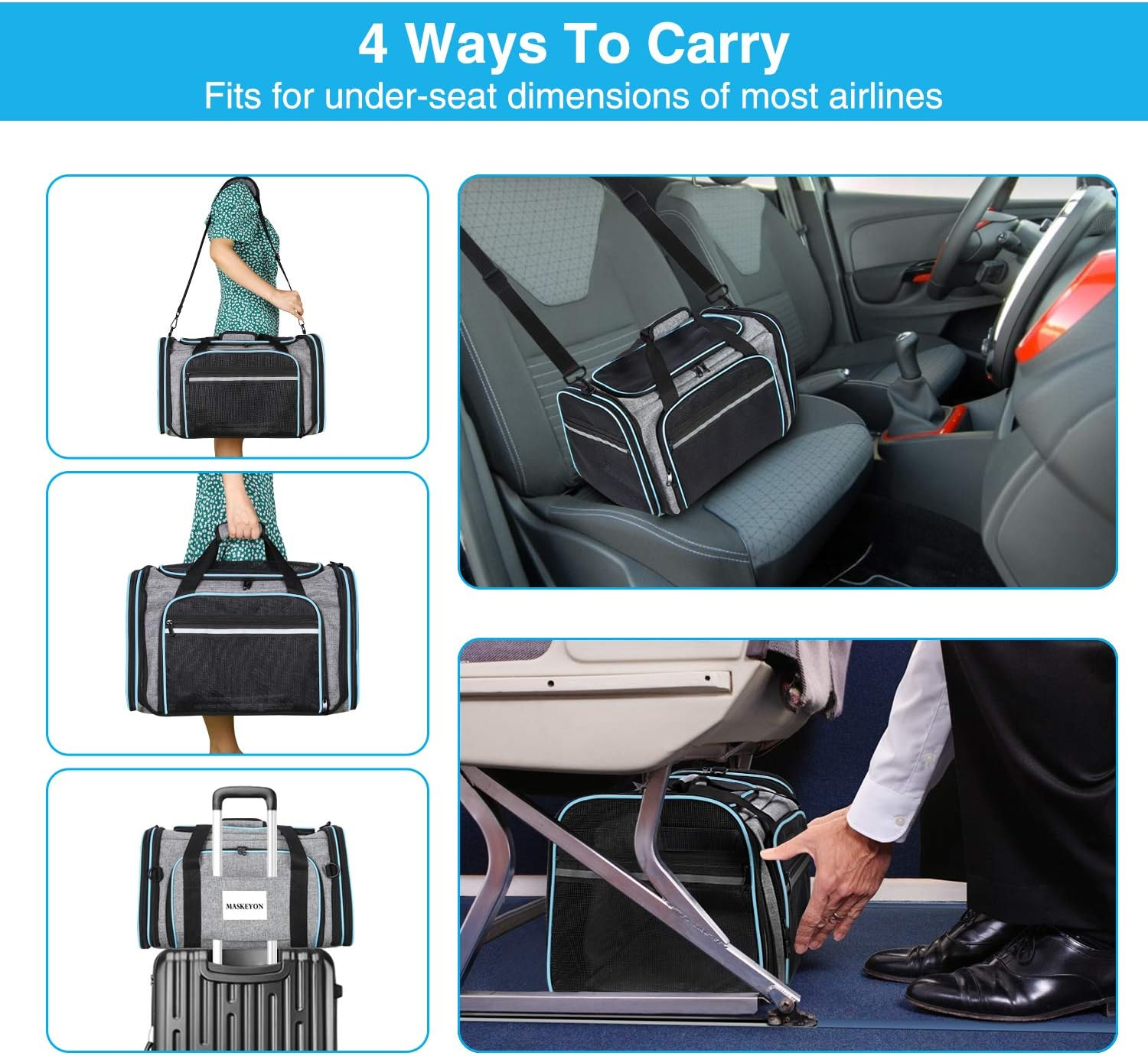 MASKEYON Airline Approved Portable Pet Carrier 2 Sides Expandable Soft-Sided Large Cats Carrier Collapsible Kennel Travel TSA Carrier 4 Doors with Removable Pads and 3 Pockets for Puppy Small Dogs image number 5