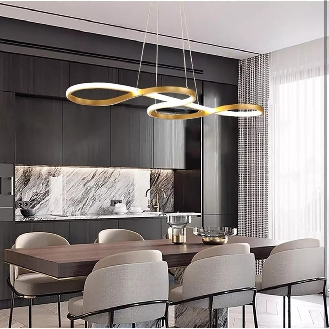 BAMDECOR Infinity LED Chandelier, 75-95Cm Gold, 3-Colour Dimmable with Remote, Modern Pendant Light for Dining Room (95Cm)