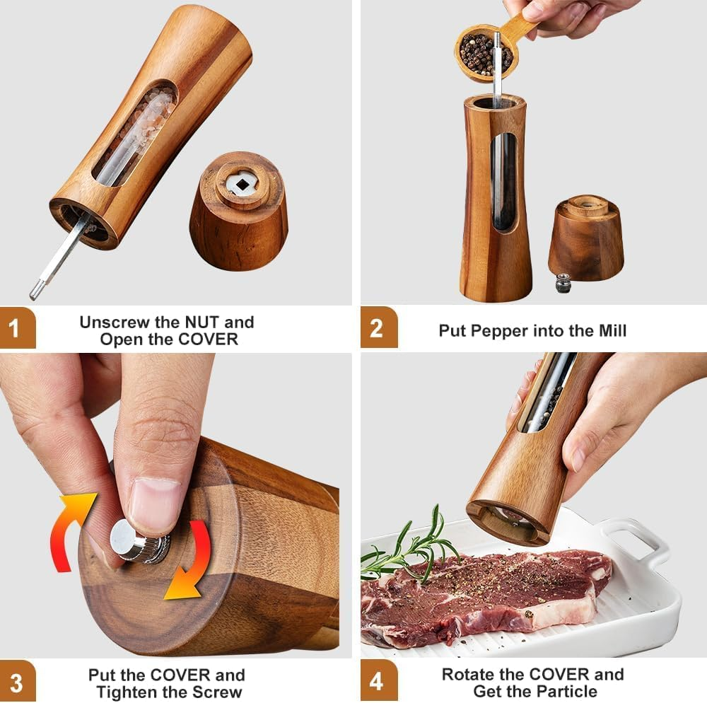 8 Inch Acacia Wooden Salt and Pepper Grinder Set with Tray, Manual Salt & Pepper Shakers with Adjustable Coarseness, Salt and Pepper Mills image number 1