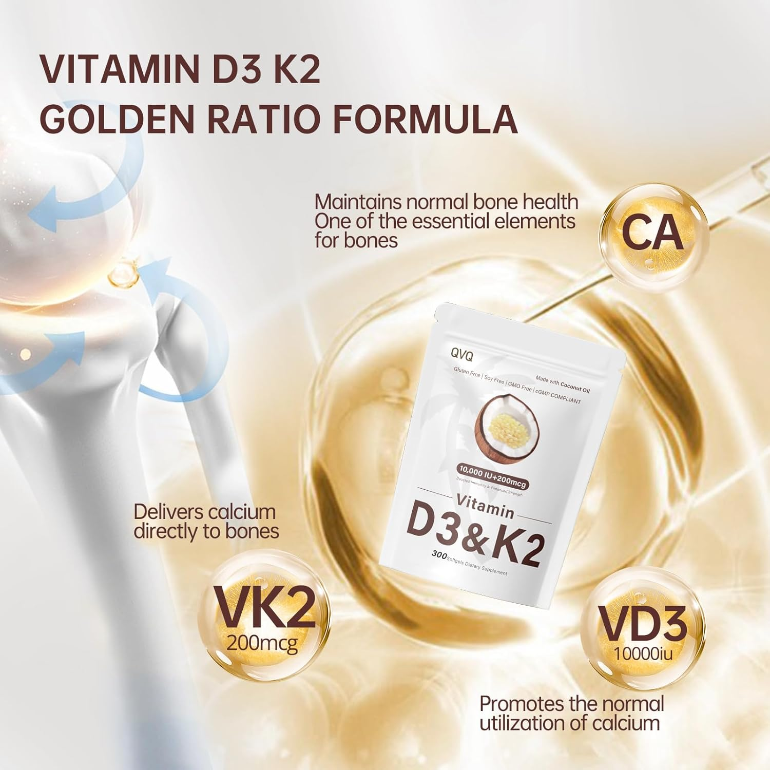 300 Pcs 2 in 1 Vitamin D3 10000 Iu plus K2 (MK-7) 200 Mcg Virgin Coconut Oil Softgels with Vitamins D & K Supports Calcium Absorption &ndash; Easy to Swallow image number 2