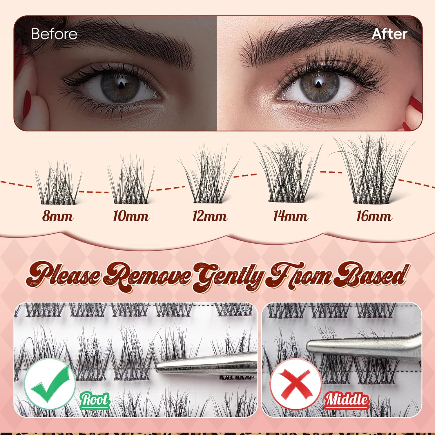 Lash Clusters 0.05Mm PBT Fiber Eyelash Clusters, 0.1Mm Superfine Invisiband D Curl Diy Lash Extension, 96Pcs 8-16Mm Individual like Eyelash Extensions (Velvet-D-8-16Mix) image number 6