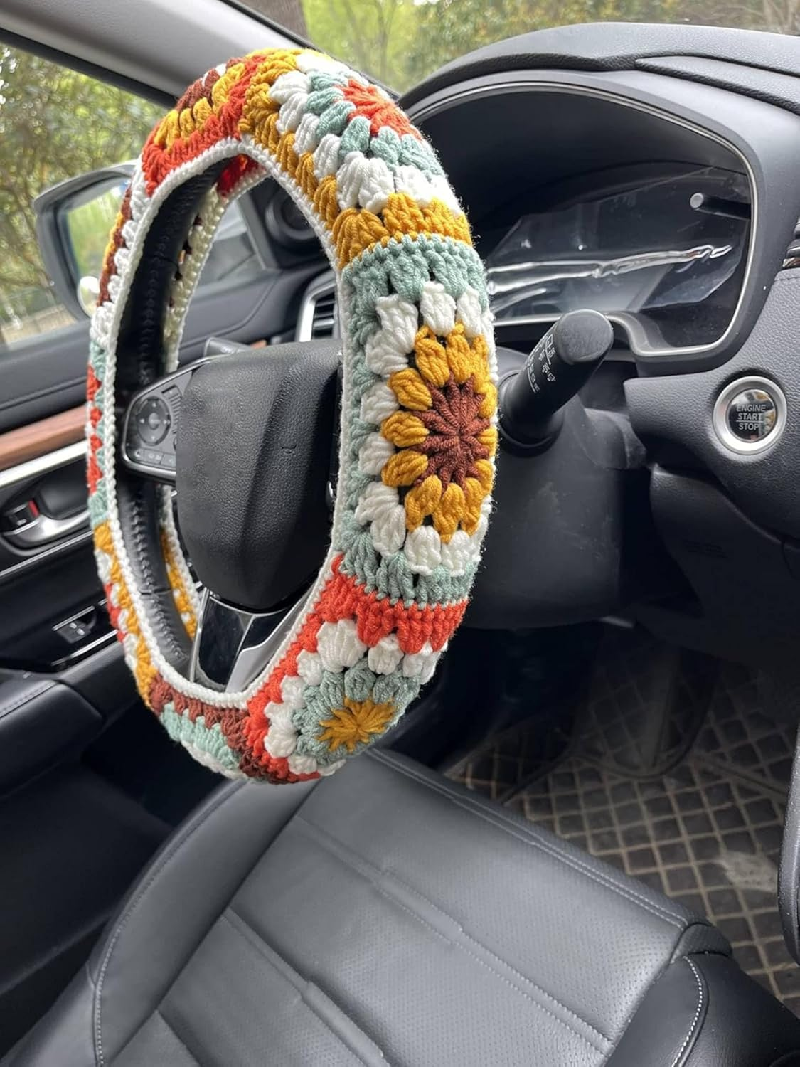 Steering Wheel Cover,Handmade Crochet Rainbow Sunflower Square Steering Wheel Covers
