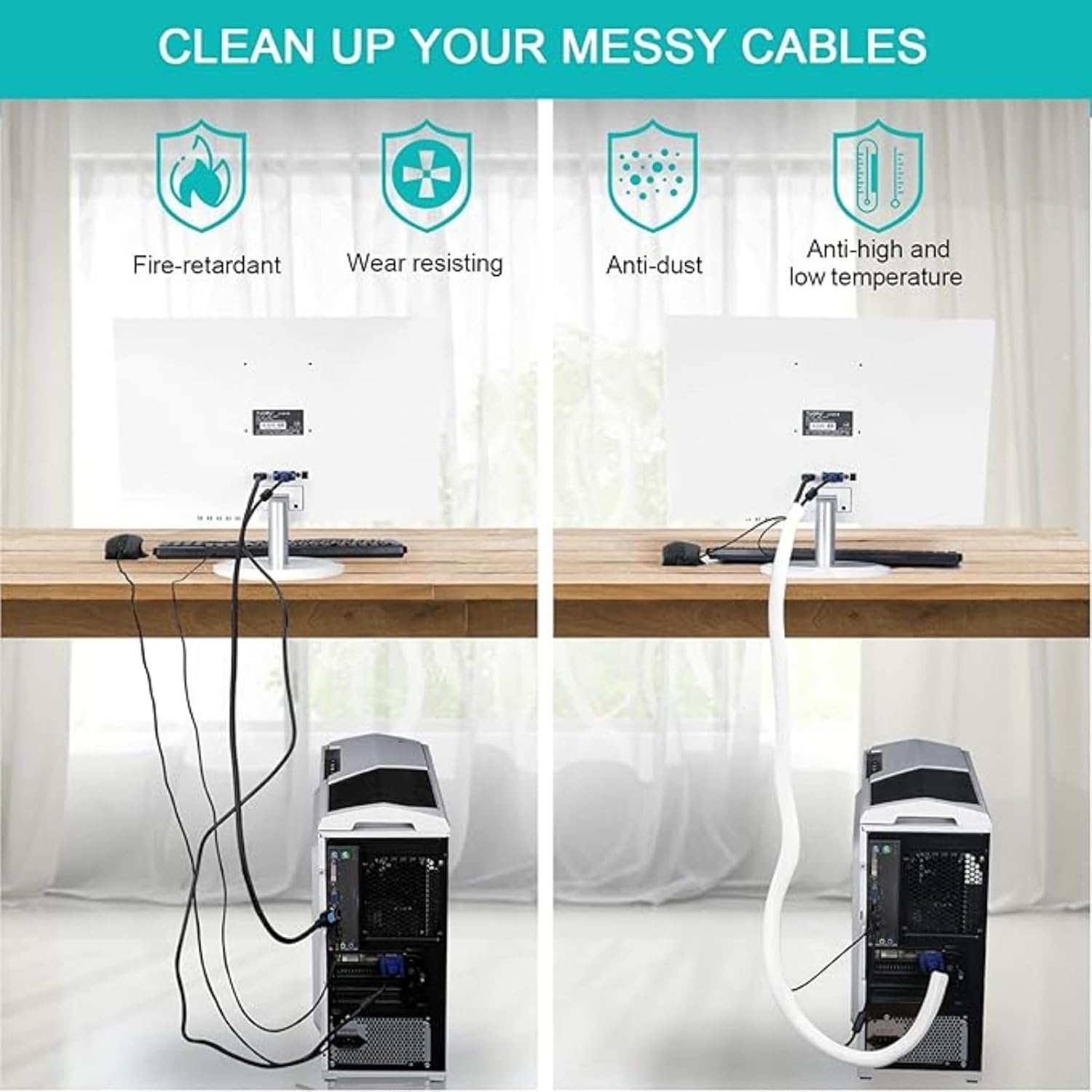 RODISHOMM Cable Sleeve, 6.6Ft (2M) Cable Organizer, Wire Protector Wrap for Desk PC, TV, Computer, USB, Braided Cord Management for Home and Office, 1/2 Inch inside Diameter（White） image number 2