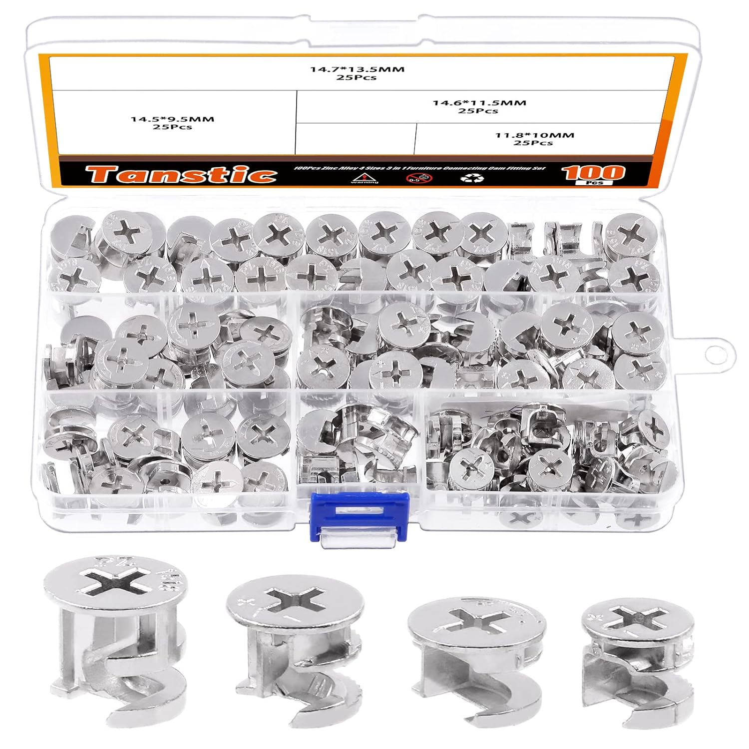 Tanstic 100Pcs 4 Sizes Furniture Connecting Cam Lock Fittings, Fastener Cabinet Connectors Hardware Bolts Lock Nut image number 2
