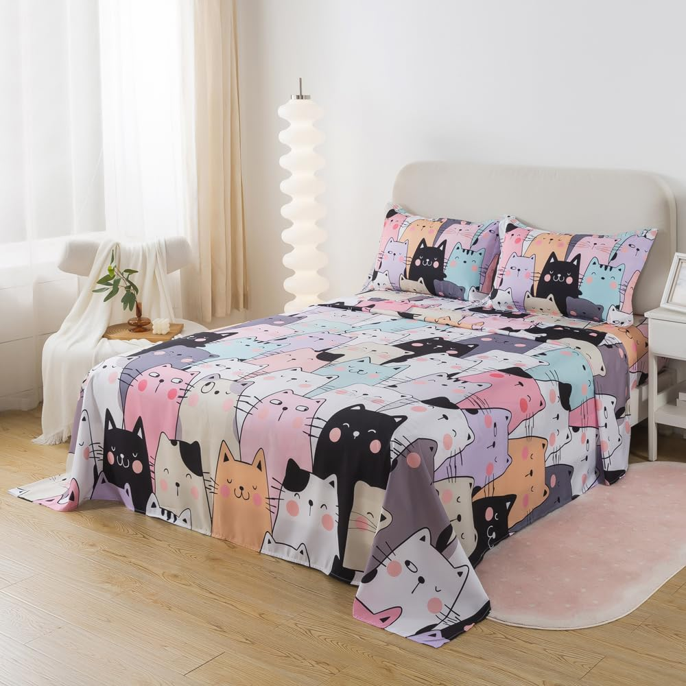 ADASMILE a & S Kids Bedding Cartoon Cat Sheet Set Queen Size for Girls Teens 4 Pieces Kawaii Cat Animal Bed Sets with Kitten Fitted Sheet 1 Flat Sheet 2 Pillowcases All Season Bedroom Decor image number 2