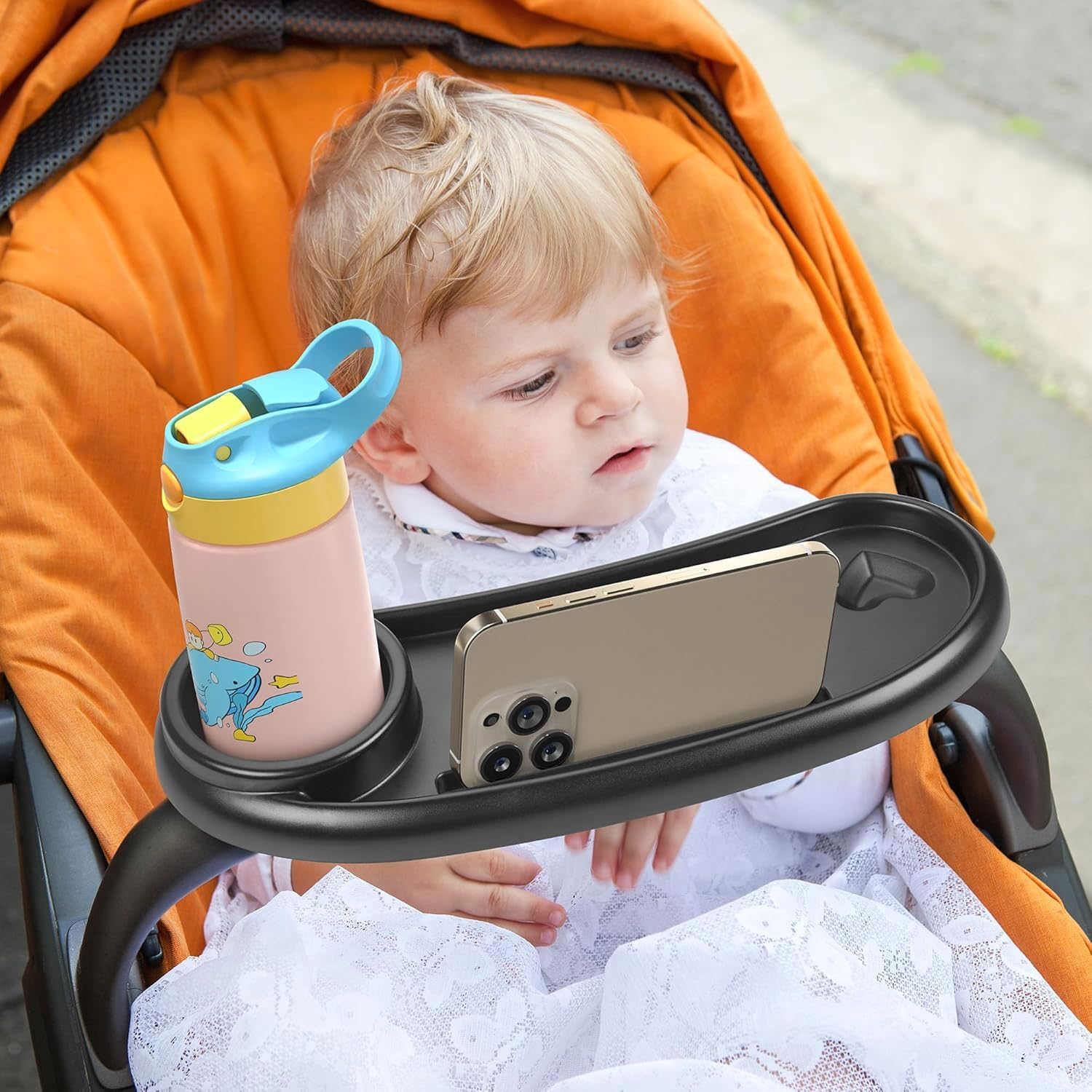 Universal Stroller Snack Tray with 3-In-1 Design, Phone Holder, Food Area, Cup Holder, Black, ABS Material, Fits Most Stroller Armrests image number 4