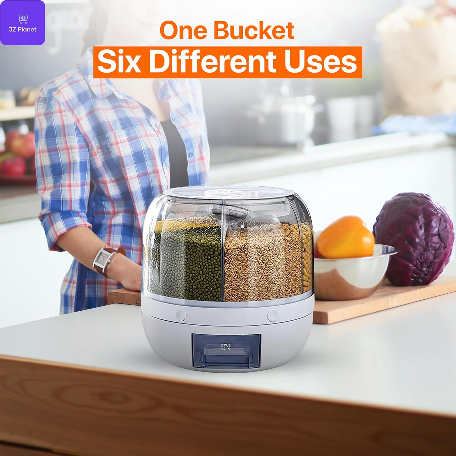 JZ Planet 6-Grid Rotating Food Grain Dispenser &ndash; 3.6L Airtight Dry Food Storage Container with One-Touch Release &ndash; White Bpa-Free Plastic Organizer for Cereal, Rice, Nuts, Snacks & Kitchen Pantry Use image number 1