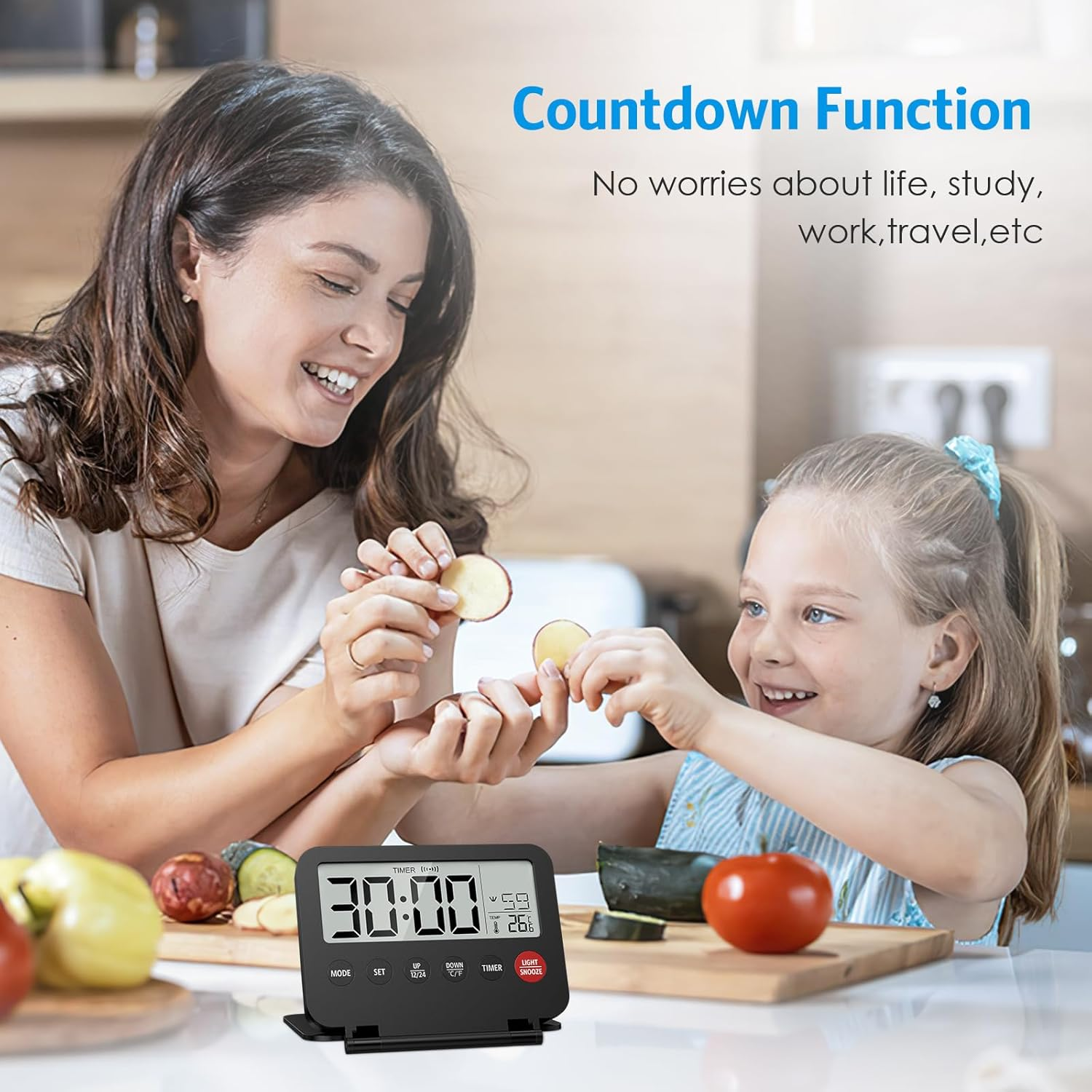 AMIR Digital Travel Alarm Clock, Foldable Calendar Temperature Timer Clock with LCD Display, Snooze, 12/24H, Countdown Function, Battery Operated Desk Clock for Travel, Home, Office, Bedroom, Black image number 5