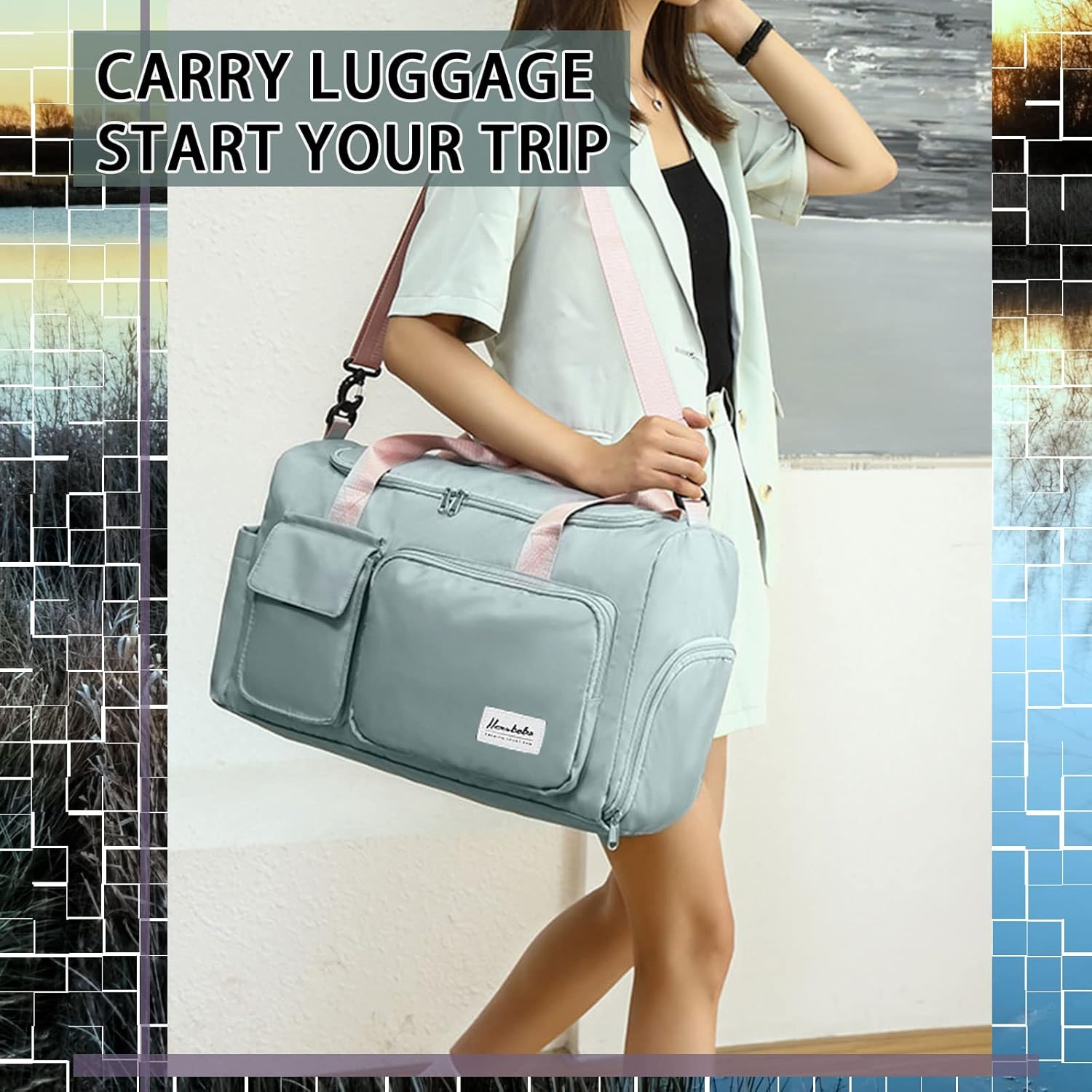 Gym Duffle Bag with Shoe Compartment Wet Pocket, Weekender Travel Bag with Shoulder Straps, Waterproof Sports Duffle Bag for Men Women, Lightweight Carry on Gym Bag (Green) - Blue image number 4