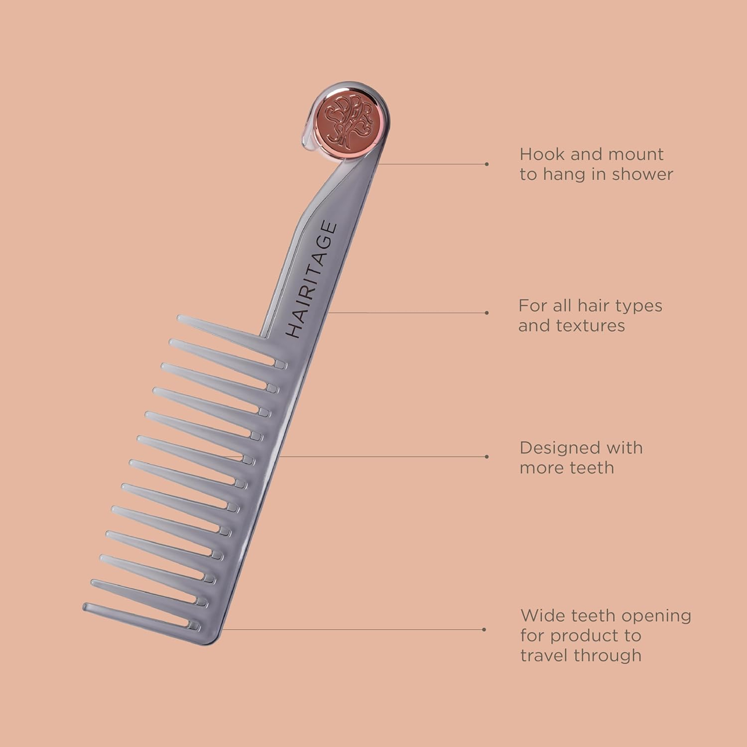 HAIRITAGE by MINDY Hang in There Shower Comb for Detangling Wet Hair after Shampoo and Conditioner, Grey image number 1