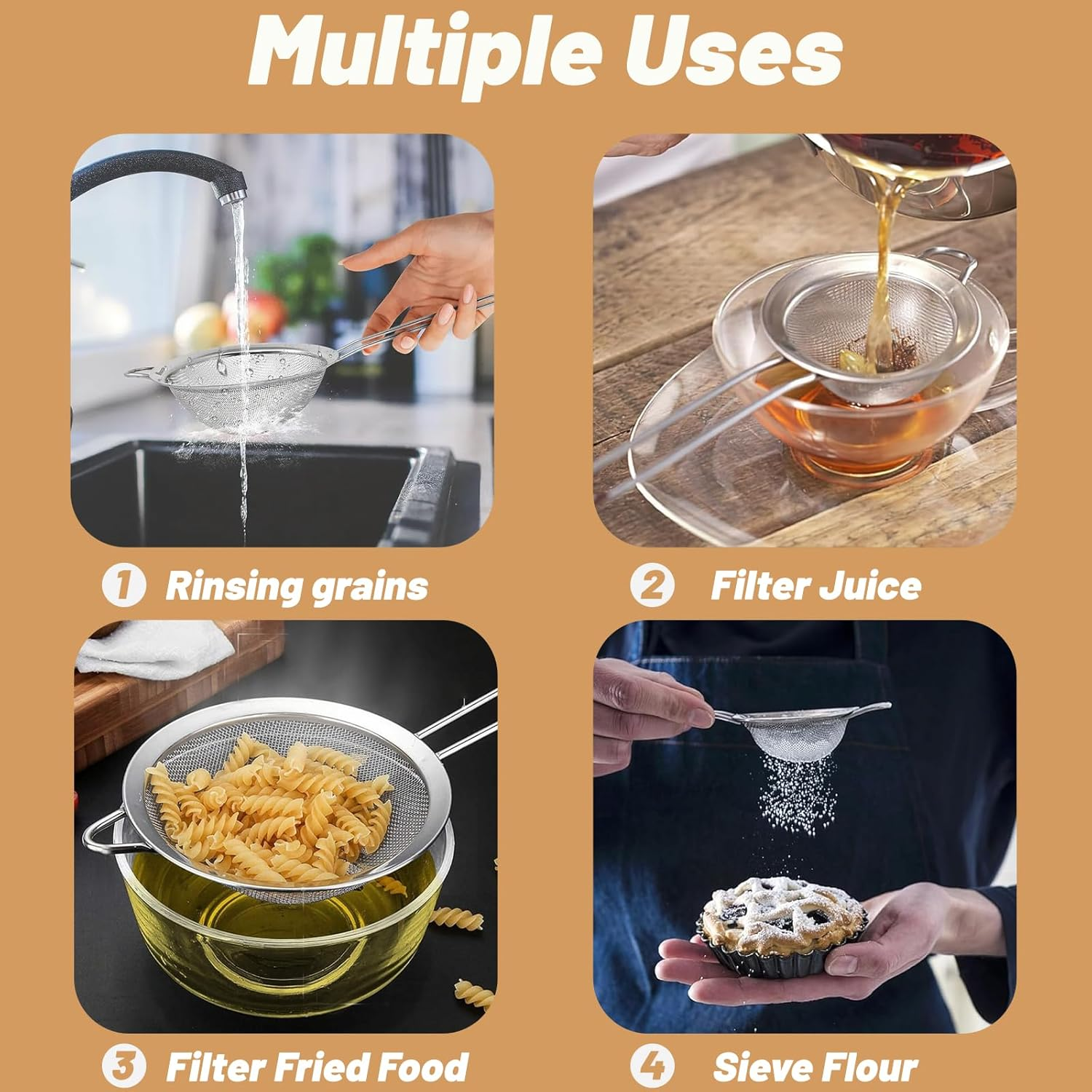 Billord Fine Mesh Strainer - Set of 4 Food Colanders, Premium Stainless Steel Sieve Strainers with Sturdy Handle, Mini Small Medium Large Size Sifters for Kitchen, Rice, Juice, Food,Pasta,Flour,Baking image number 1