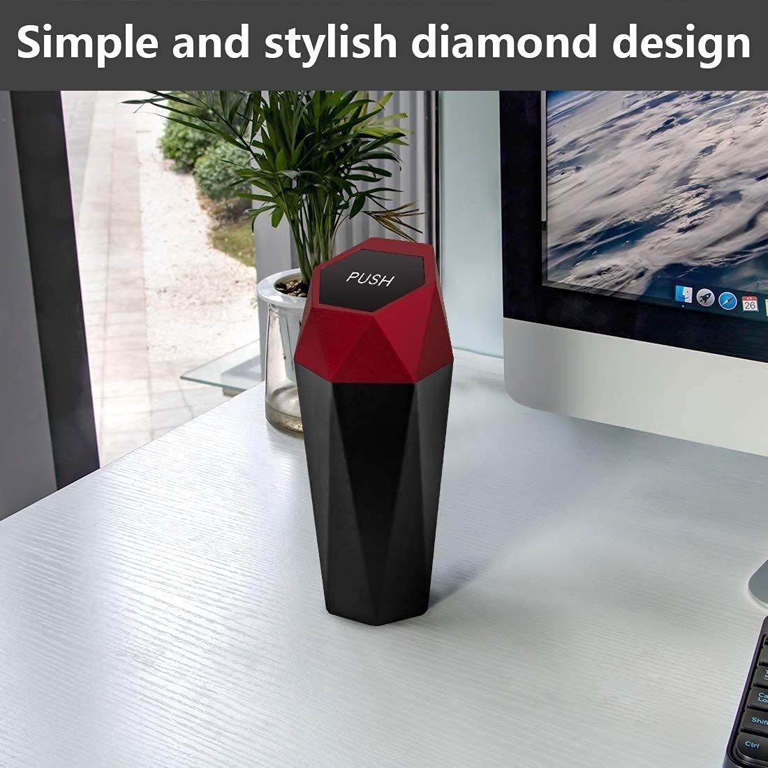 Car Trash Can with Lid, Leak Proof Automotive Portable Trash Bin, Diamond Design Easy to Clean Plastic Desktops Dustbin Organizer for Car Home Office (Red) image number 6