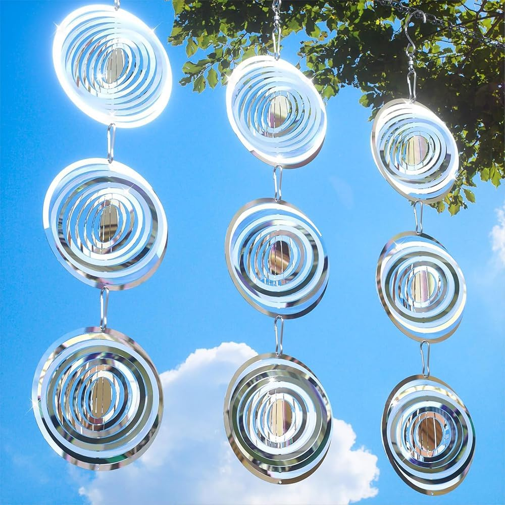 JIUSEGE 3D Reflective Bird Deterrent Set &ndash; Stainless Steel Wind Chimes & Sparkly Discs Wind Spinners for Outdoor Garden Decor, Keep Woodpeckers & Pigeons Away from Your House, Garden, Boat & Orchard image number 1