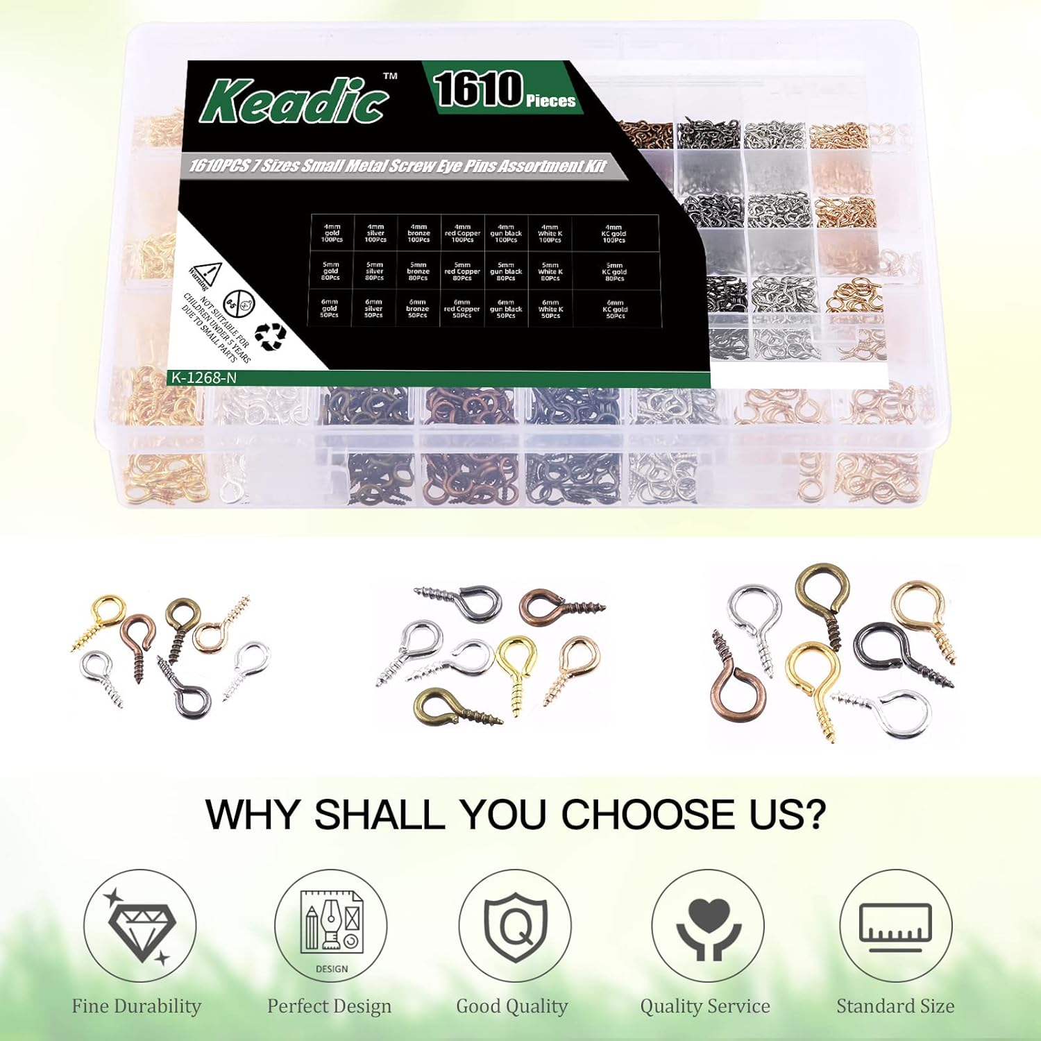 Keadic 1610Pcs 7 Color Small Screw Eye Pins Size Assorted Set, Metal Mini Eyelet Screw Threaded Clasps Hooks for DIY Charm Pendants Jewelry Making (0.16&rdquo; X 0.32&rdquo;, 0.2&rdquo; X 0.39&rdquo;, 0.24&rdquo; X 0.5&rdquo;) image number 6