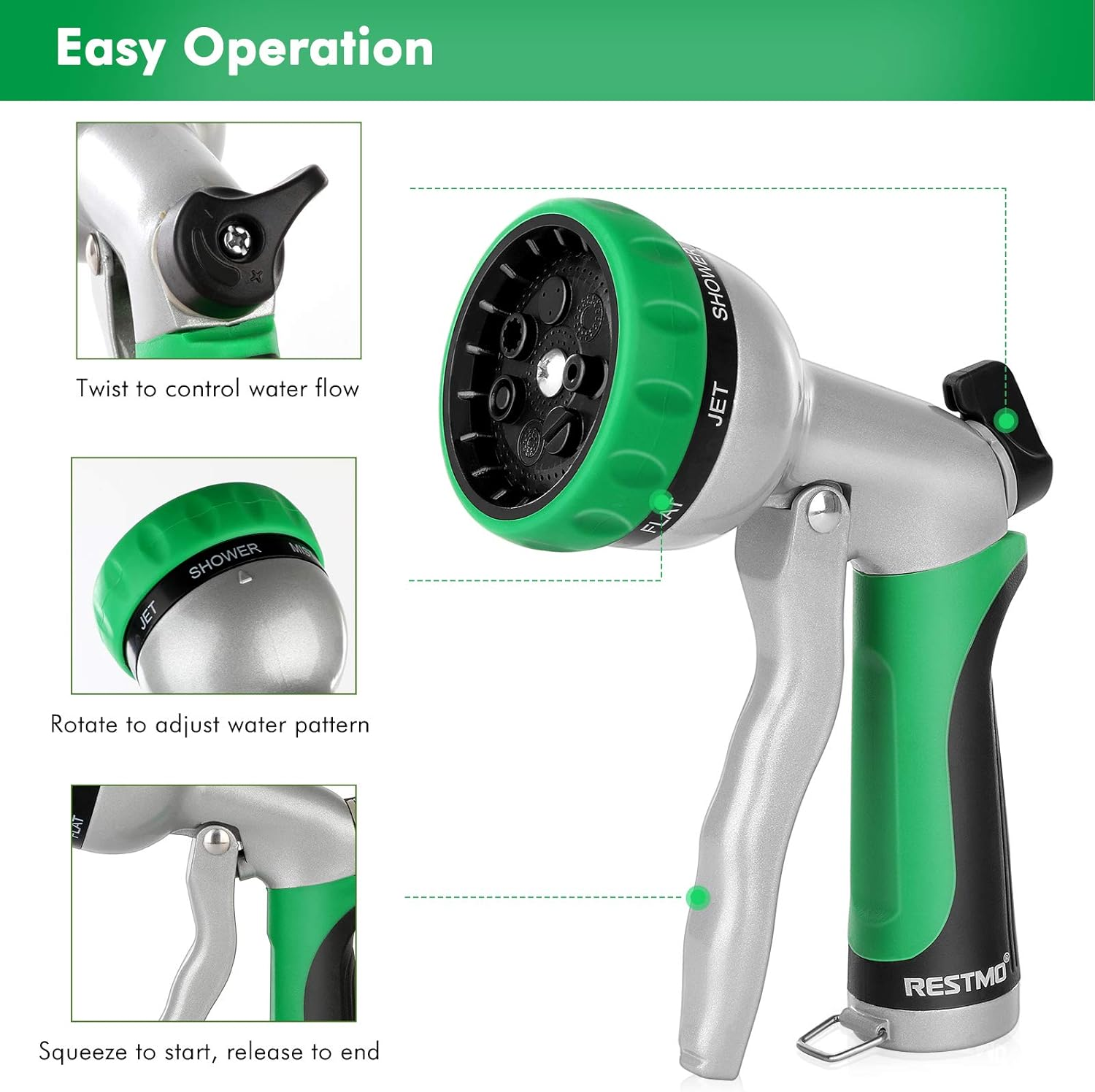 RESTMO Garden Hose Nozzle, Heavy Duty Garden Hose Spray Gun, High Pressure Hand Nozzle, Metal Water Sprayer with 7 Patterns and Flow Control, Ideal to Water Plant & Lawn, Wash Car & Pet, Green image number 1