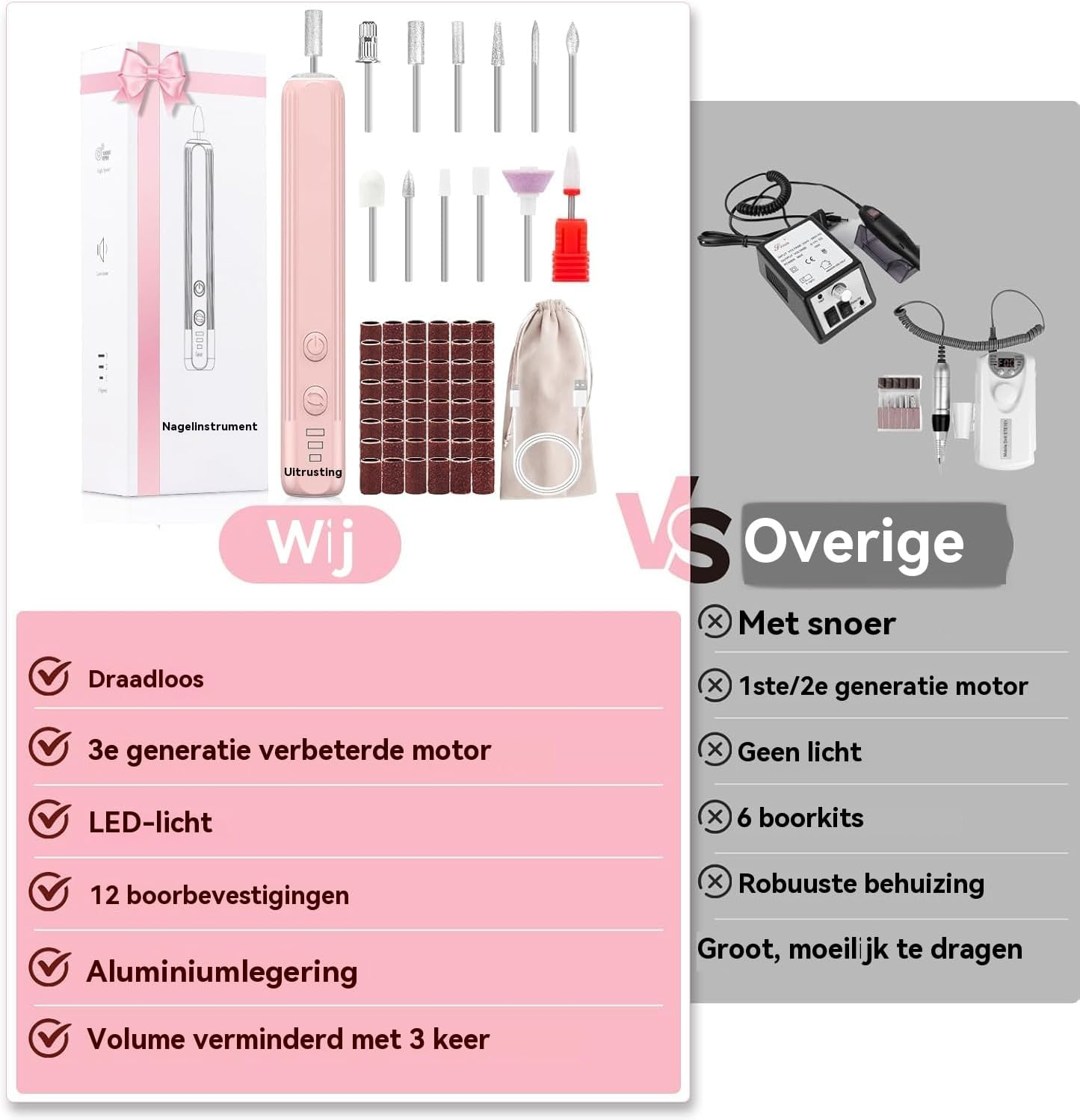 AOMEES Cordless Electric Nail Drill Bit Set, Portable Nail File Set for Acrylic and Gel Nails, Manicure and Polishing with 100 Sanding Bands (Pink)