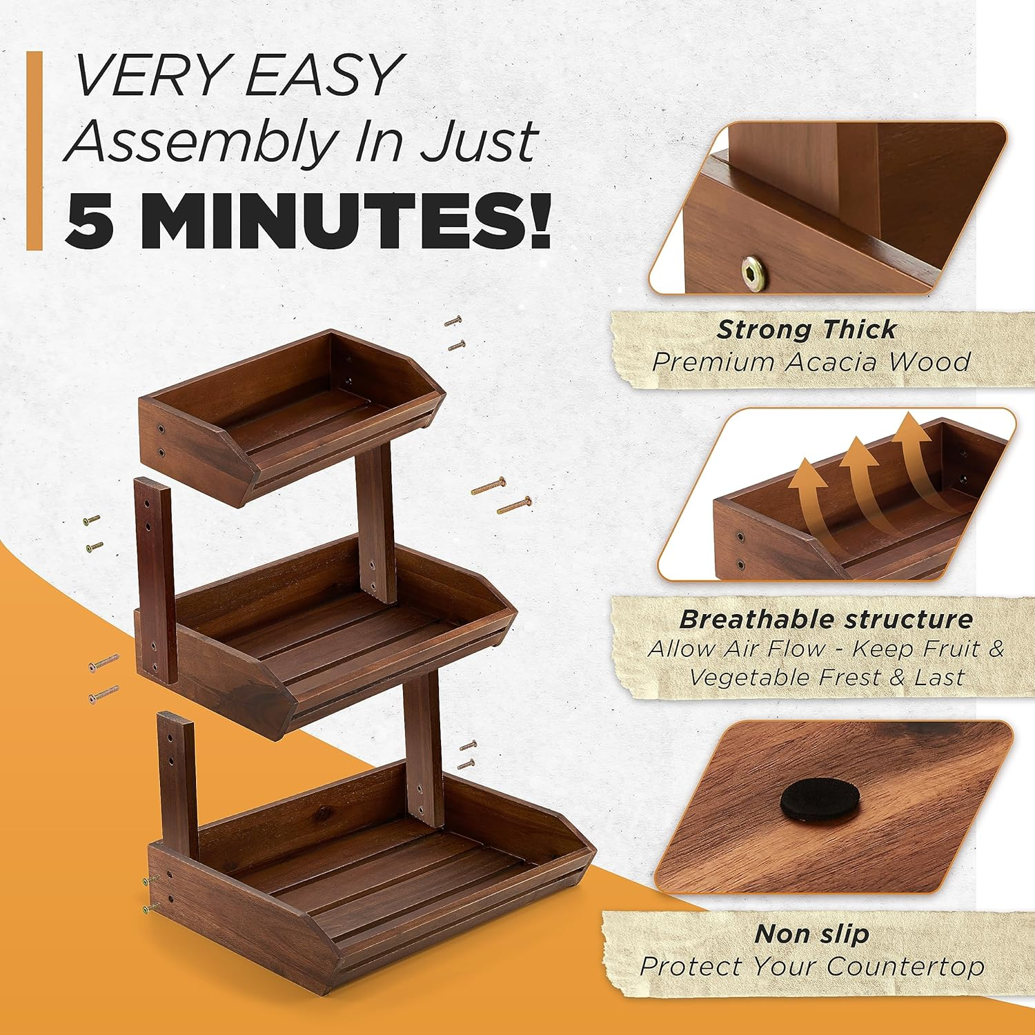 HOLANA Acacia Wood Fruit Basket - 3-Tier Fruit Bowl for Kitchen Counter , Extra Large 16X12.5X18 in , Fruteros Para Cocina , Fruit and Vegetable Storage (3 Tier) image number 2