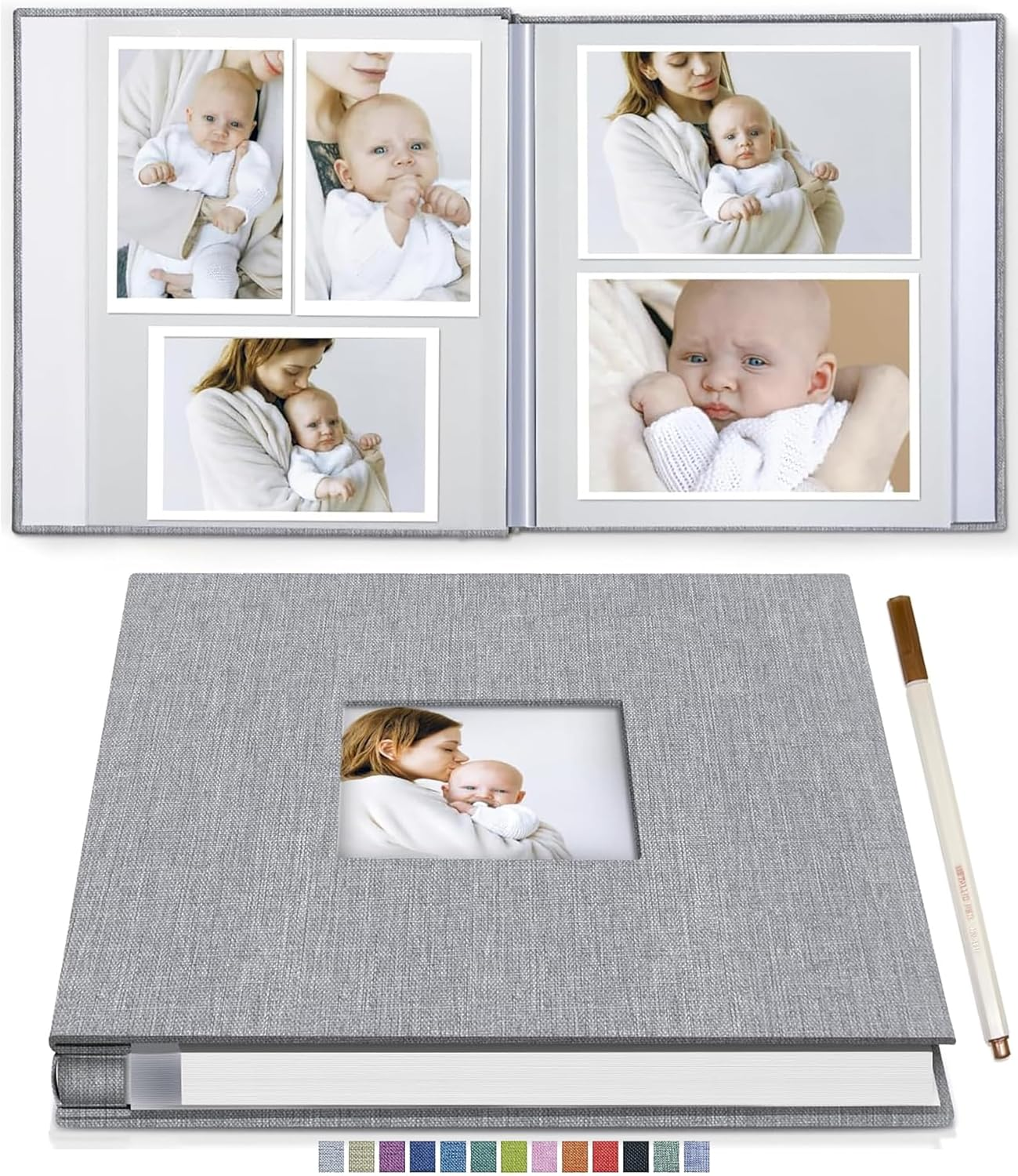 EZKOXAH Photo Album Self Adhesive Book with Picture Window Linen Cover, 20 Pages/40 Sides DIY Pasted for Family Travel, Baby Growth Record, Wedding Scrapbook, Birthday Gifts (Gray, Medium (28X27Cm)) image number 2
