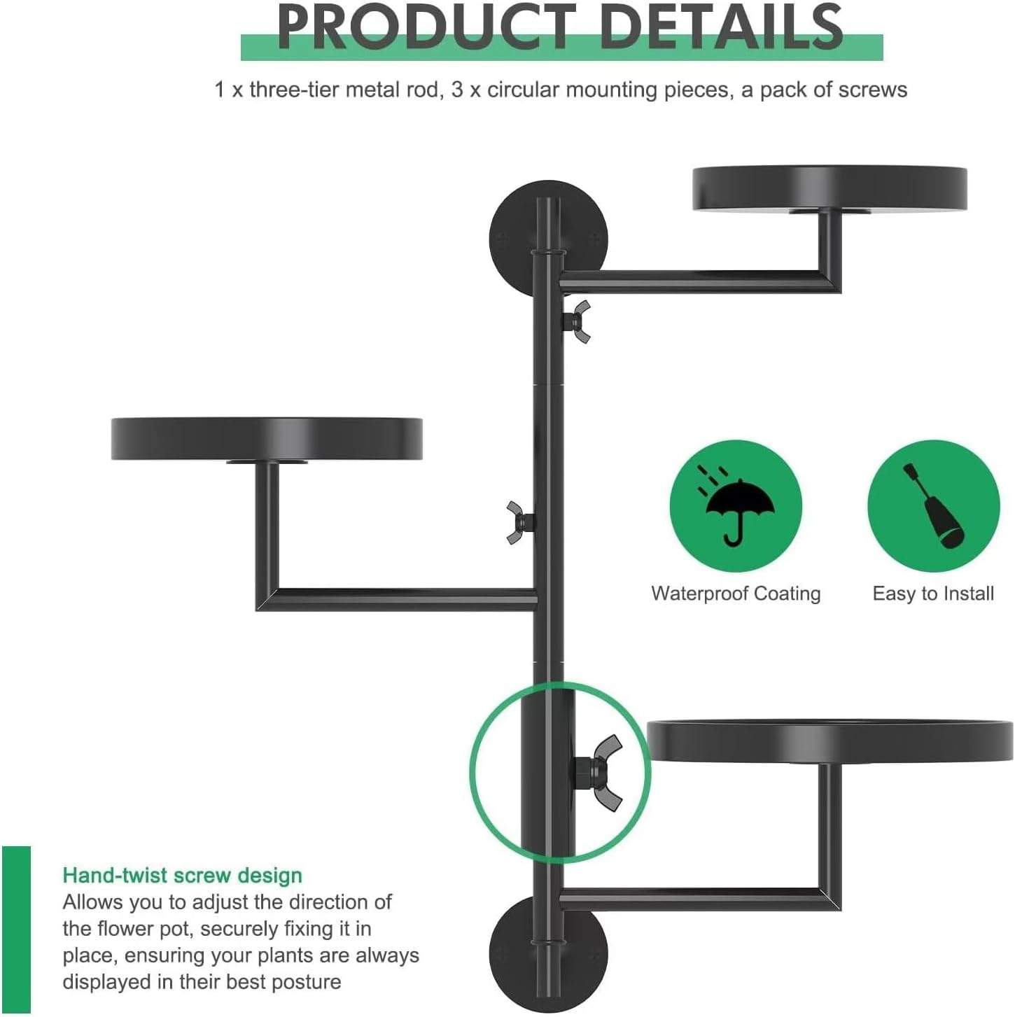 Yharnamite Rotating Plant Shelf, 3 Tier Wall Mounted Plant Holder, Window Plant Stand, Indoor Metal Floating Plants Shelf Hanger for Library, Balcony, Living Room