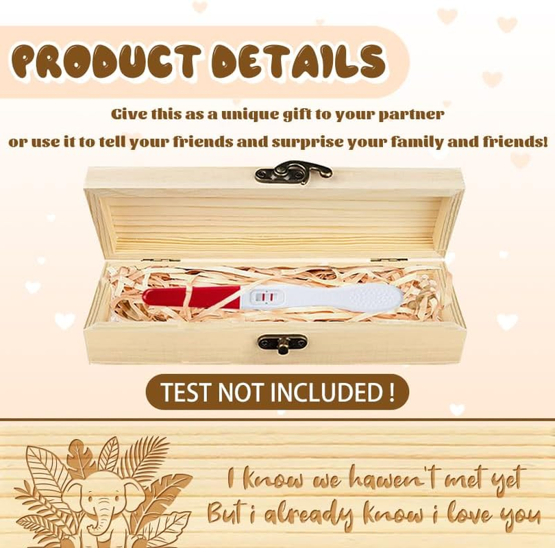 CHGCRAFT Pregnancy Test Keepsake Box Cartoon Elephant Leaves Wooden Pregnancy Announcement Gifts Box with Raffia Ribbon and Lock Announcement Gifts for Dad Husband, 8X2X1.2 Inch image number 1