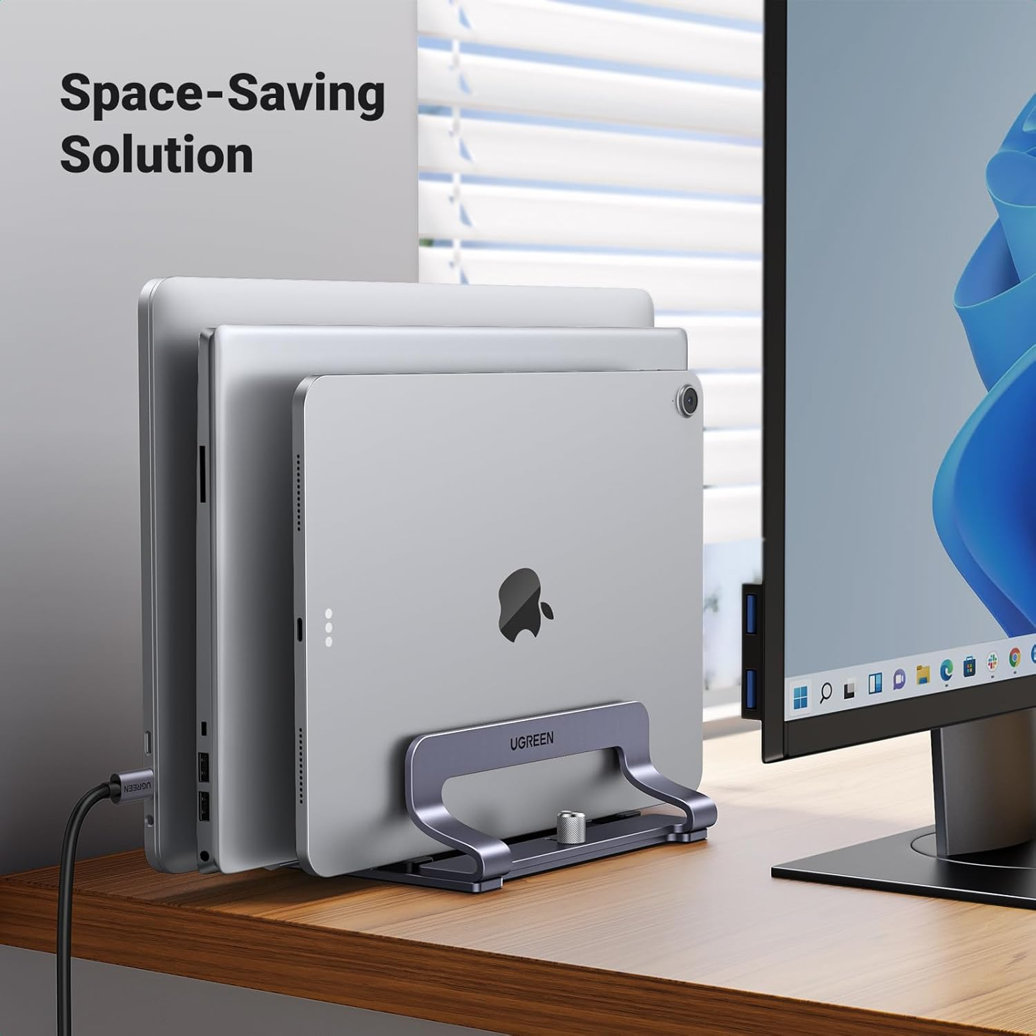 UGREEN Vertical Laptop Stand for Desk, 3 Slots Adjustable Holder, Space-Saving Dock, Compatible with Macbook, Notebook, Ipad
