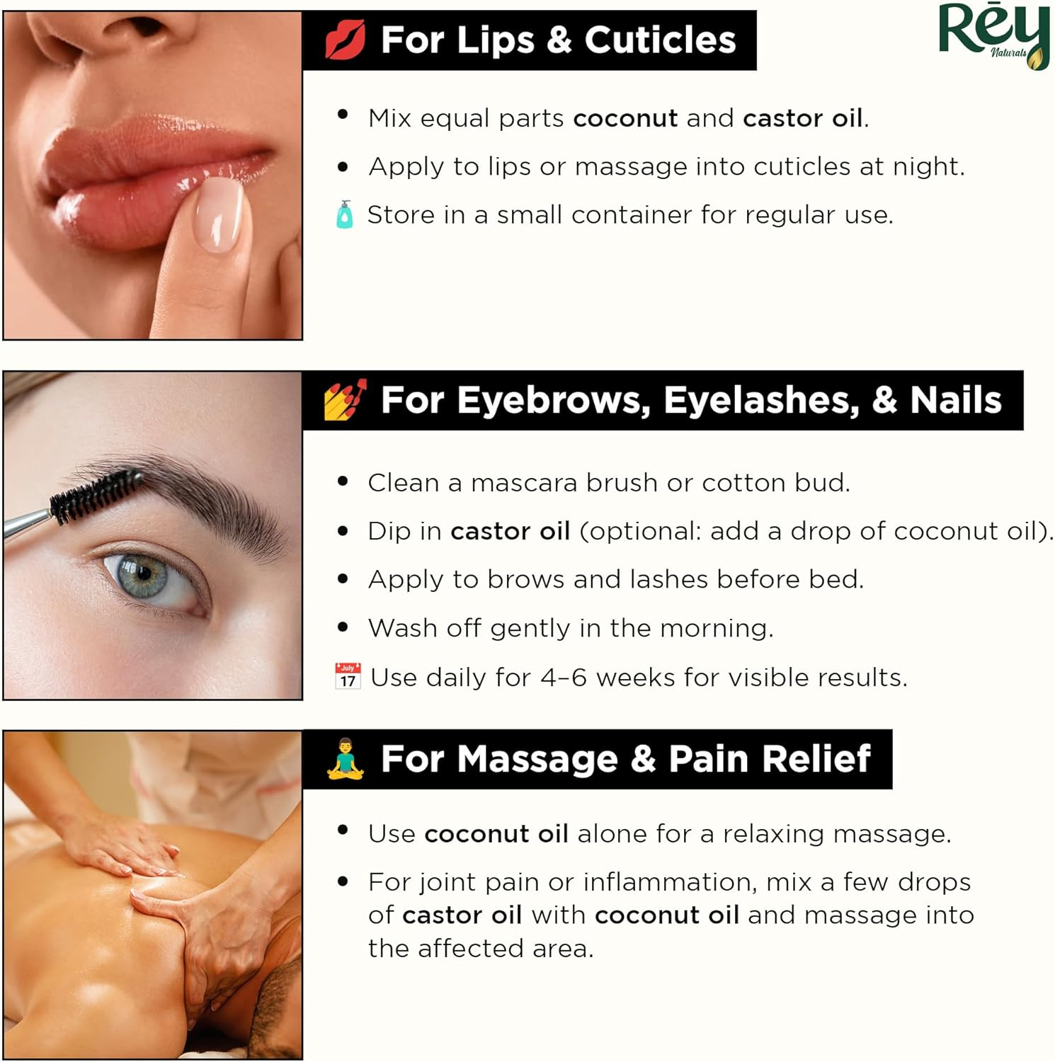 Rey Naturals&reg; Cold-Pressed, 100% Pure Castor Oil & Coconut Oil Combo - Moisturizing & Healing, for Skin, Hair Care, Eyelashes (200 Ml + 200 Ml) image number 4