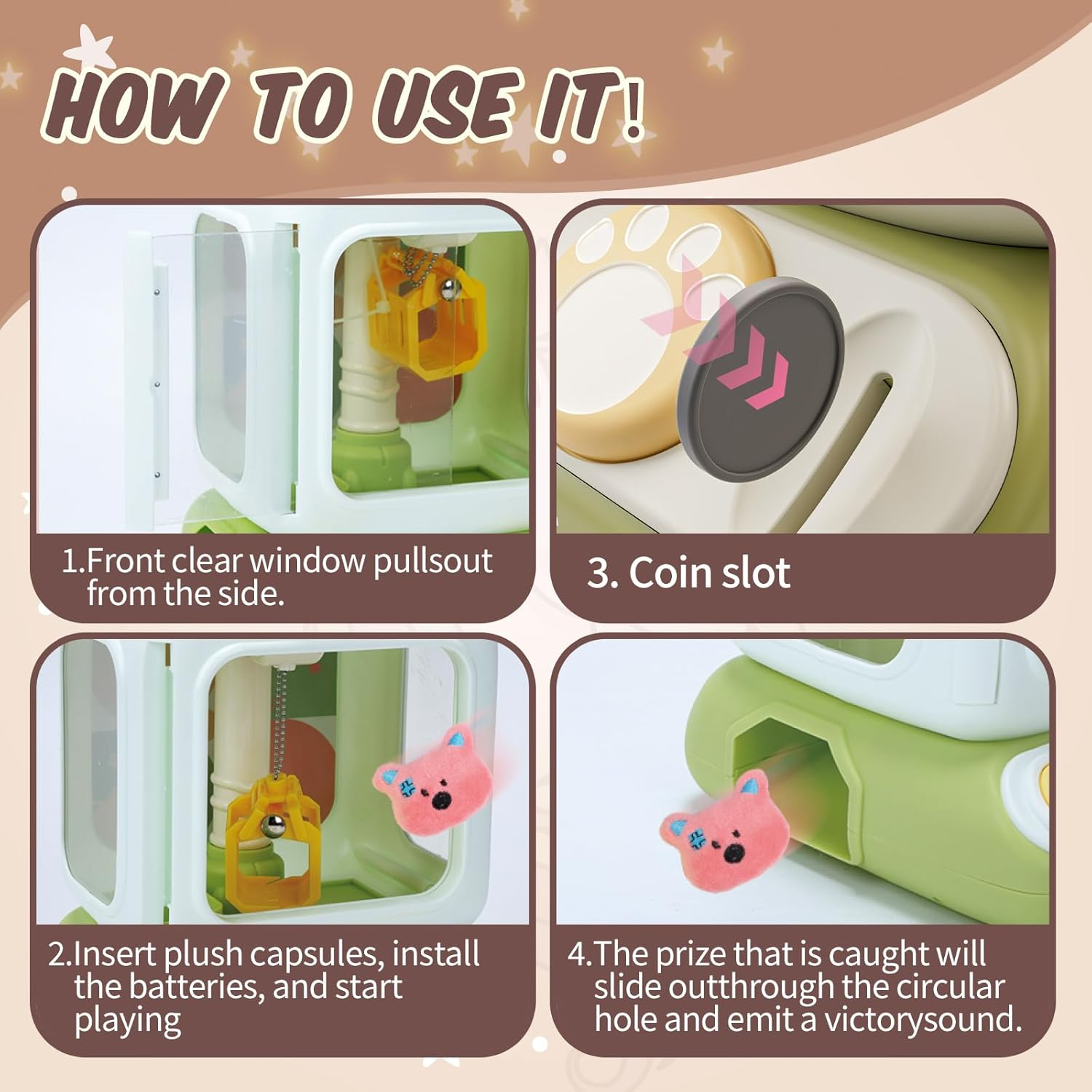 Skirfy Claw Machine for Kids,Mini Vending Machine, Prize Dispenser Toys for Girls and Boys, Electronic Arcade Game for Party Birthdays Includes 32 Mini Toys(Brown) - Brown image number 2