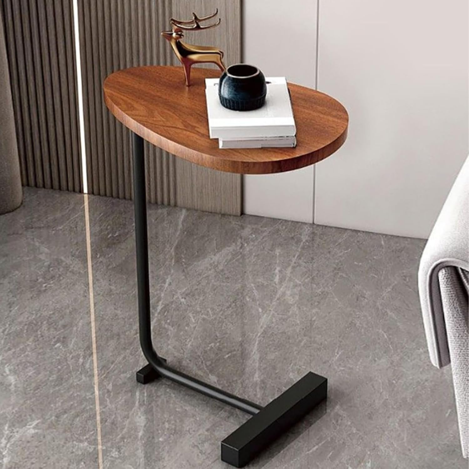 Couch Side Tables That Slide Under, C Shaped Side Table Snack Side Tables C Shaped End Table for Couch Wood Grain Small Bedside Tables for Sofa, Hotel, Living Room, Bedroom (Flat image number 3