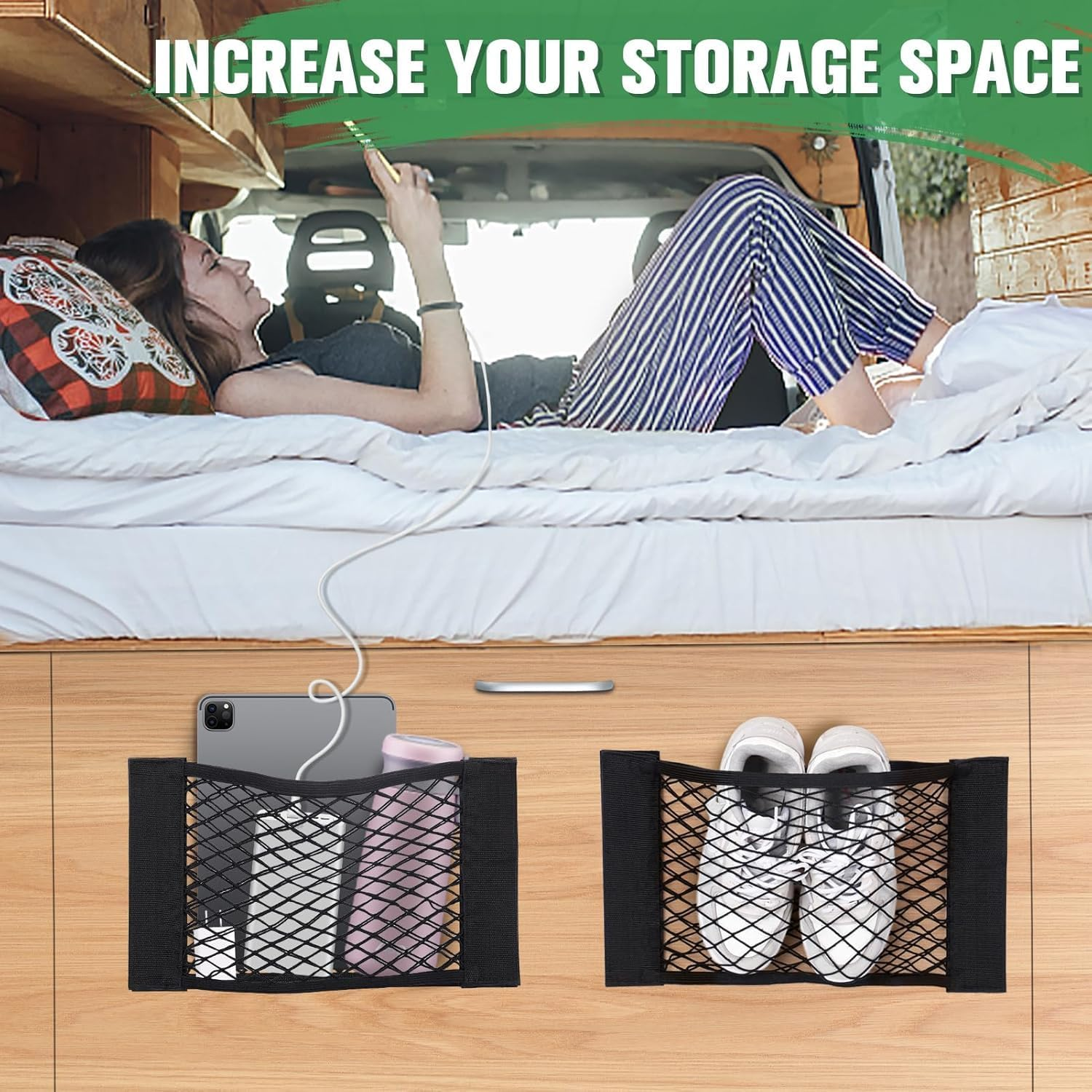 4-Pack Car Mesh Cargo Net | Universal Storage Organizer (25-50Cm) | Adhesive Wall Pocket for Car Boot, RV, Home | Elastic Trunk Storage Solution with 8 Tape Stickers image number 5