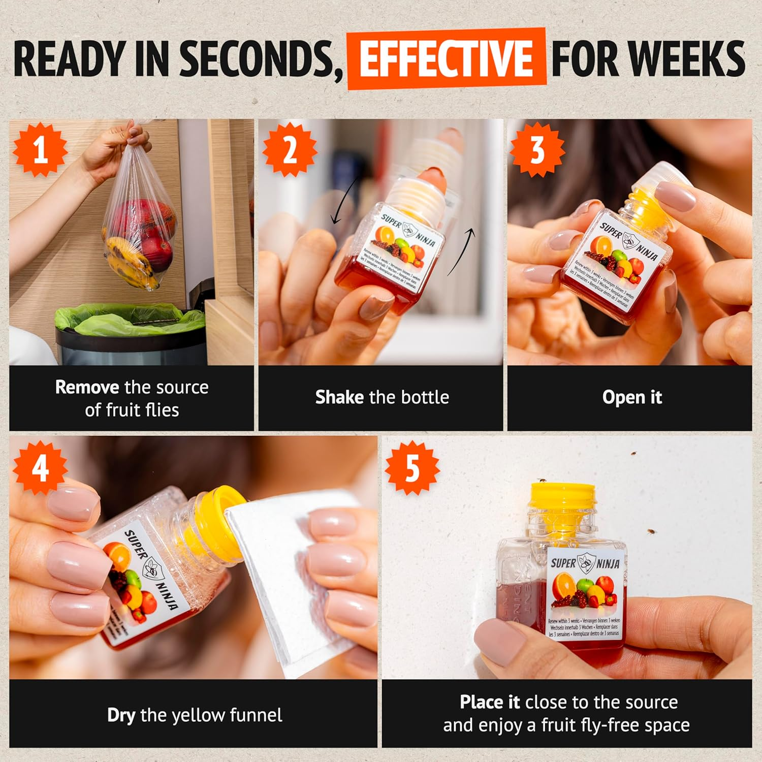 Super Ninja Fruit Fly Trap - 12 Pack, Highly Effective Fruit Fly Trap for Indoors, Home & Kitchen, up to 3 Weeks of Performance per Bottle, Kid & Pet Friendly image number 1