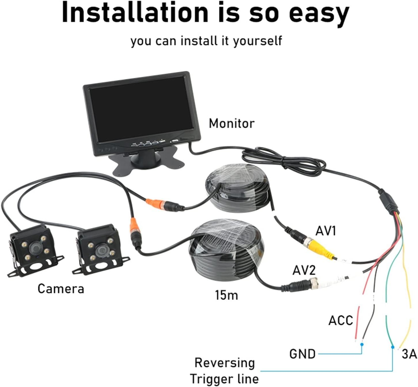 GPS Car Navigator, 7 Inch Rearview Camera 1080P LCD Car Monitor Screen Revers Parking System Night Vision Waterproof for Auto Truck RV for Car Truck RV(2 Camera 10M 20M) image number 5