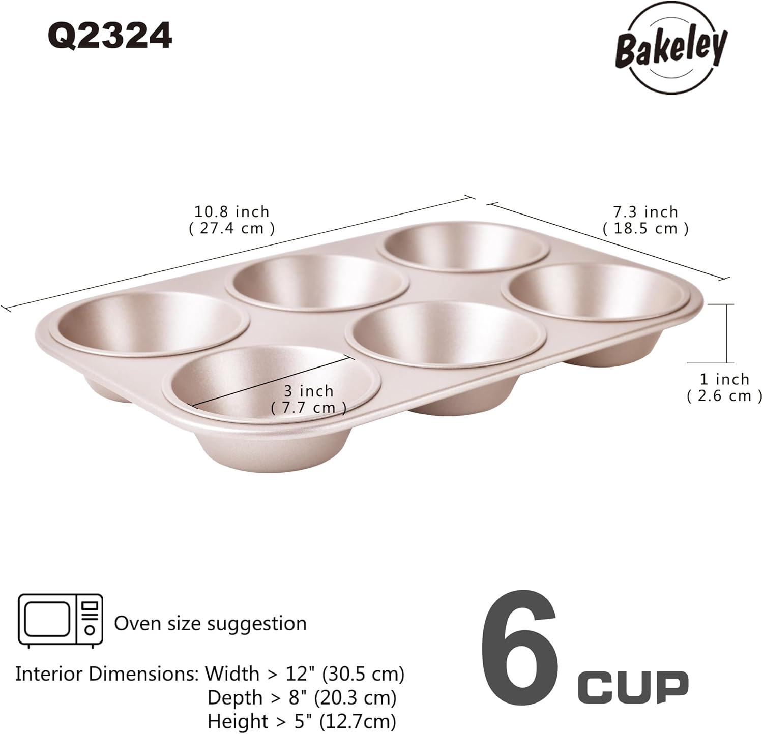 Bakeley Muffin Cake Pan, 6-Cavity Non-Stick Cupcake Pan Bakeware for Oven Baking (Champagne Gold) image number 2