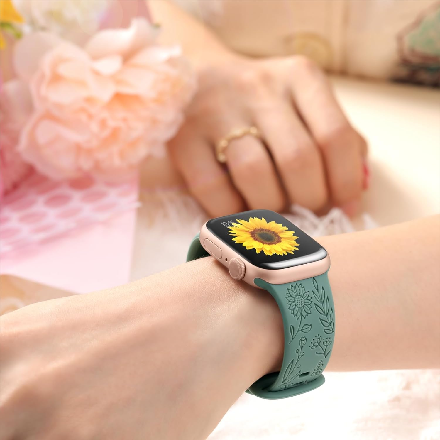 6 Pack Floral Engraved Bands Compatible with Apple Watch Band 40Mm 38Mm 41Mm 42Mm 44Mm 45Mm 49Mm Women, Silicone Soft Cute Flower Pattern Strap for Iwatch Series Ultra Ultra 2 SE 9 8 7 6 5 4 3 2 1 image number 2