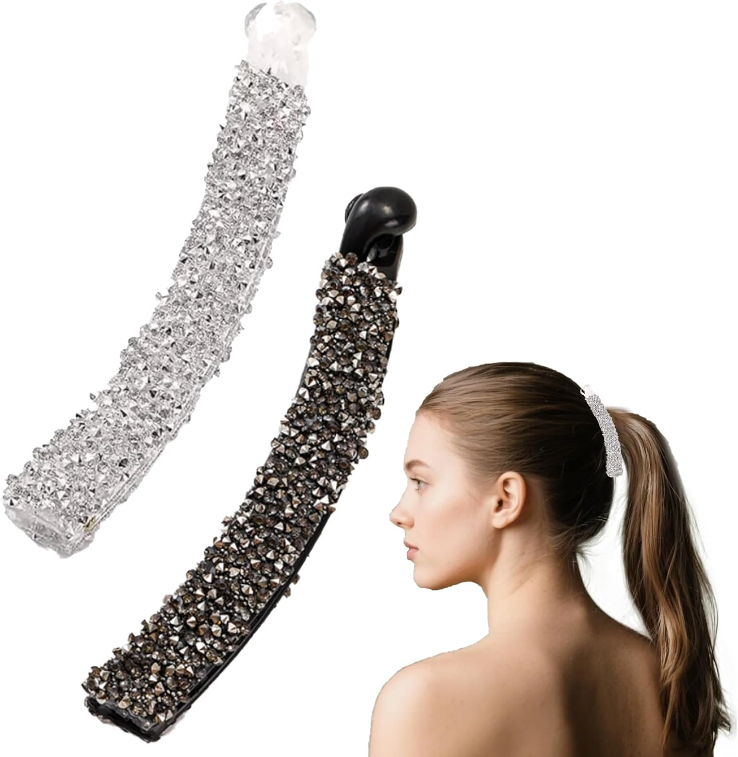 Pack of 2 Hair Clips Women'S Rhinestone, French Hair Clip Silver, Banana Clip Glitter, Hair Clips Women'S Elegant Rhinestone, Banana Clip, Suitable for Women, Girls (Black, White) image number 3
