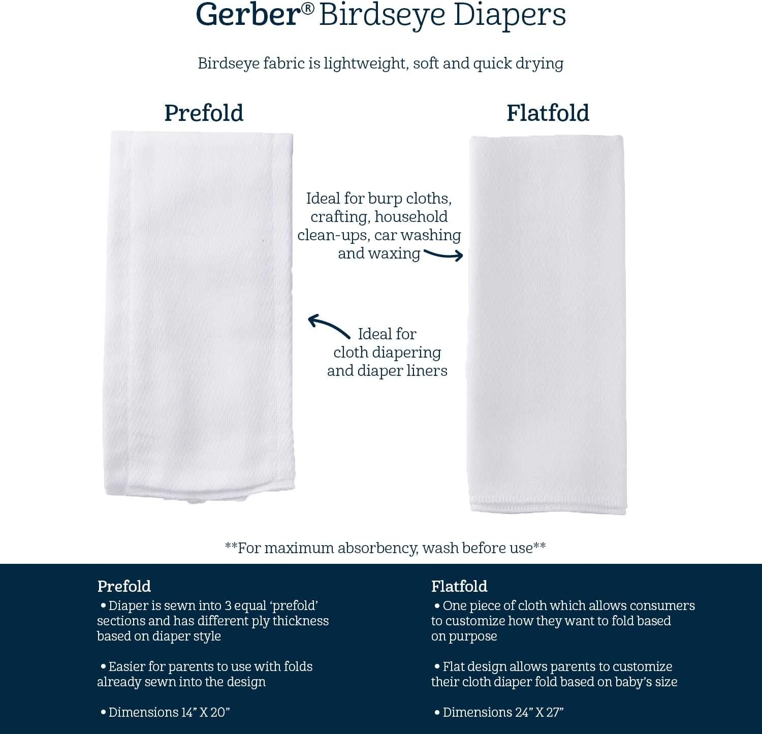 Gerber Birdseye 3-Ply Prefold Cloth Diapers, White, 10 Count