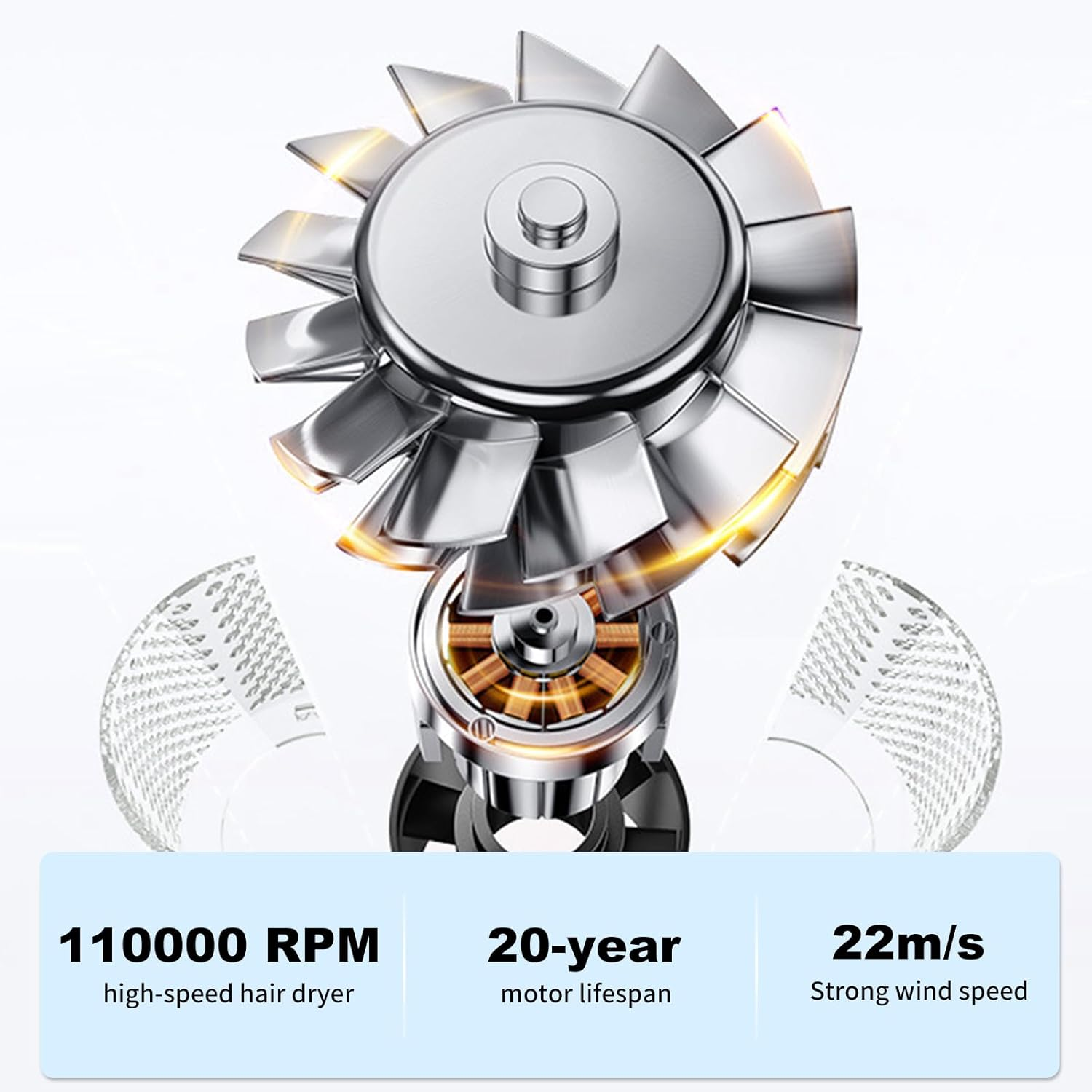 Menbyci White 1600W High Speed Hair Dryer,110000 RPM Brushless Motor Blow Dryer with Magnetic Concentrator Nozzle,Low Noise,2 Speeds and 4 Heat Settings Fast-Drying Hairdryer for Home,Travel,Salon