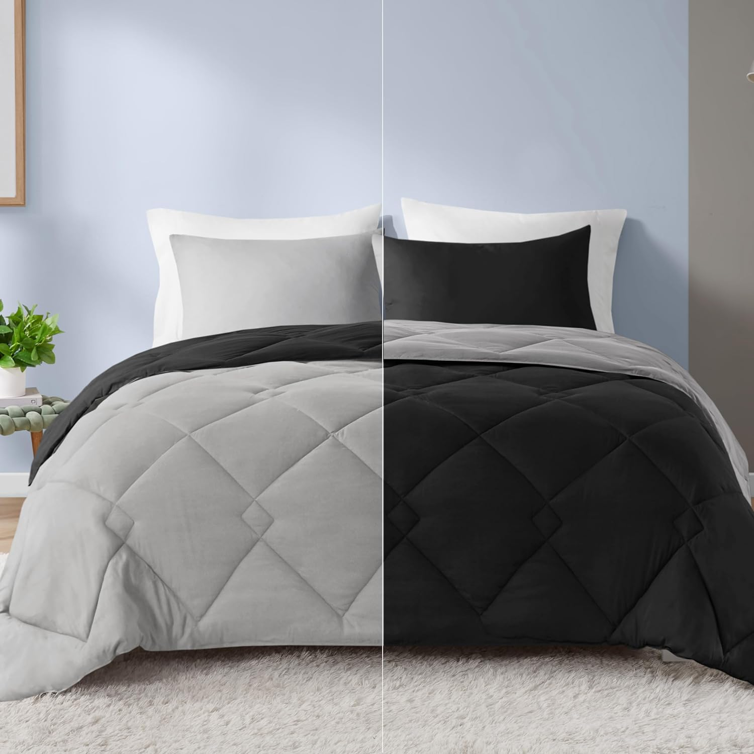 Comfort Spaces Vixie Reversible Comforter Set - Trendy Casual Geometric Quilted Cover, All Season down Alternative Cozy Bedding, Matching Sham, Teal/Charcoal, Full/Queen 3 Piece
