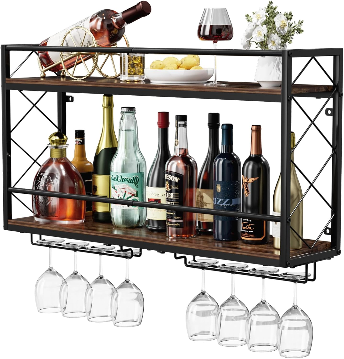 NEYCIL Wine Rack Wall Mount 2 Tier Wall Wine Rack with Glass Holder, Anti-Drop Crossbar, 31.5 Inch Metal Wine Rack for Home Kitchen Dining Room Bar, Black image number 3