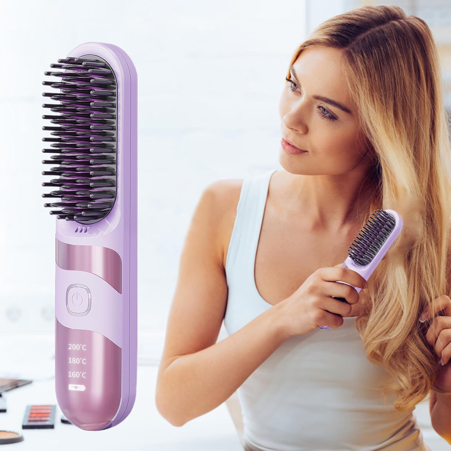 Travel Hair Straightener | Wireless Curler Brush | 2-In-1 Cordless Ionic Hair Straightener Brush Anti-Scalding for Travel, Salon, Home - Purple image number 5