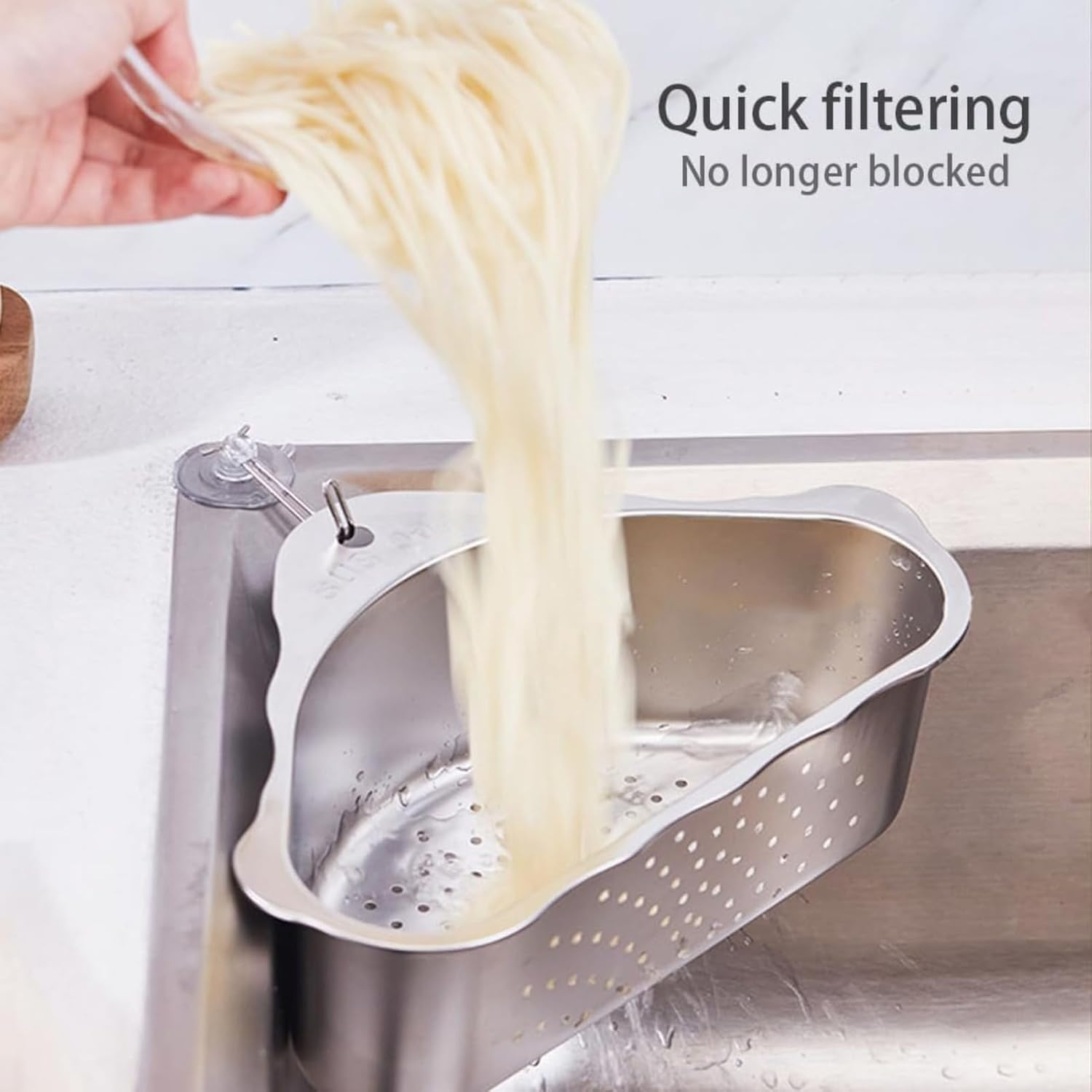 RODISHOMM Triangle Sink Drainer Basket, Stainless Steel Corner Sink Drain Shelf with Suction Cups, Triangular Food Waste Filter for Kitchen Sink, Fruit Washing & Drainage (Silver) image number 4