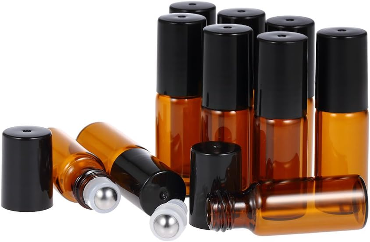 RAYWE 10 Pcs 5Ml Essential Oils Roller Bottle Amber Glass Roll-On Bottles Stainless Steel Roller Ball Essential Oil Jar with 3Ml Dropper image number 1