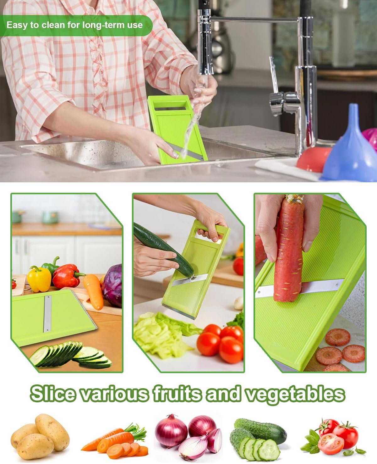 JUKOTA Vegetable Mandolin Cutter, Hand-Held Cucumber Slicer Made of Stainless Steel, Food Chopper with Ergonomic Handle, Portable Kitchen Slicer for Cheese, Onion, Potatoes (Green) image number 5
