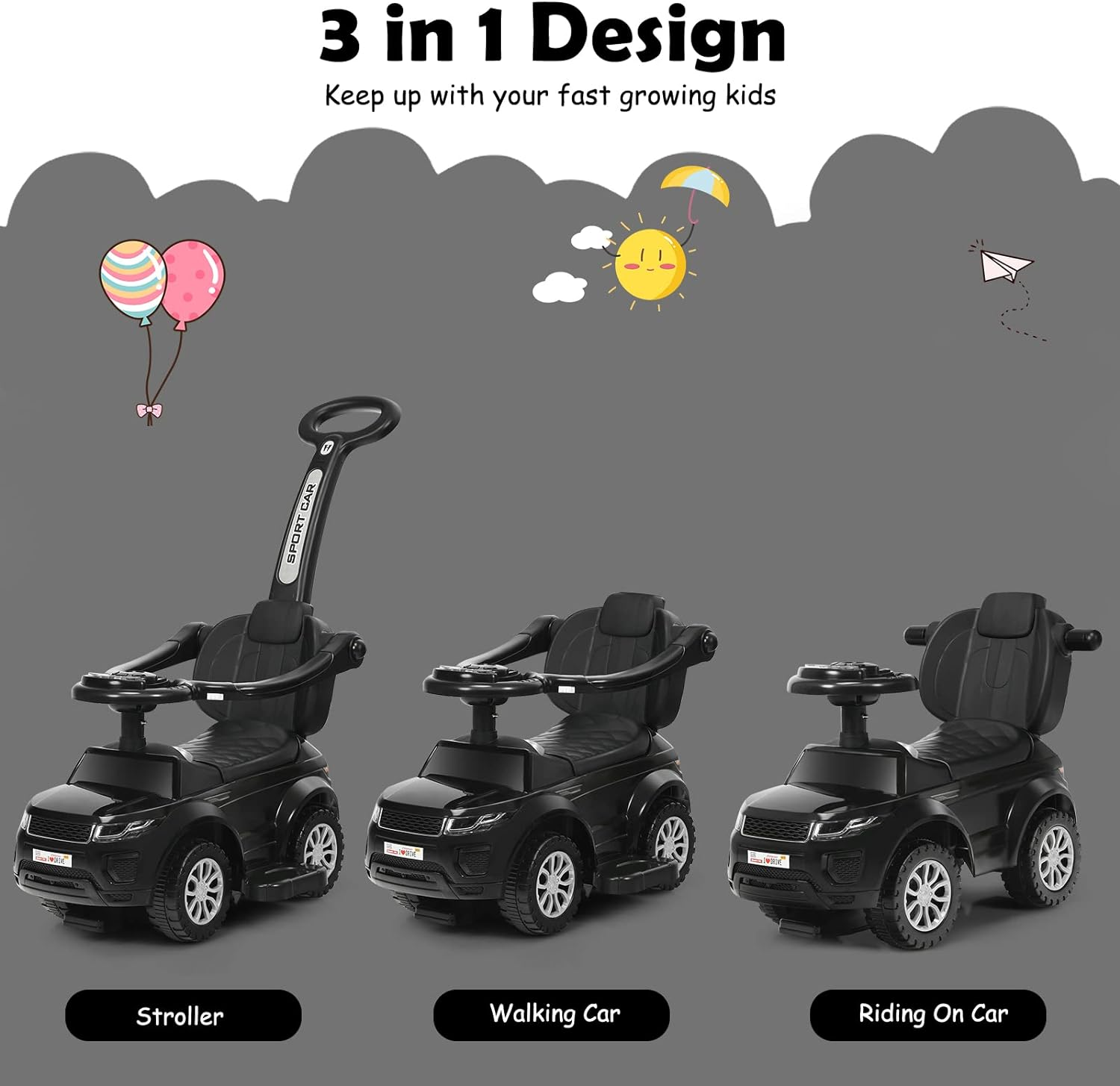 HONEY JOY 3 in 1 Kids Ride on Push Car, Stroller Sliding Walking Car with Horn, Music, Light, under Seat Storage, Push Handle, Armrest Guardrails, Push Cars for Toddlers Boys & Girls Aged 12-36 Months image number 1